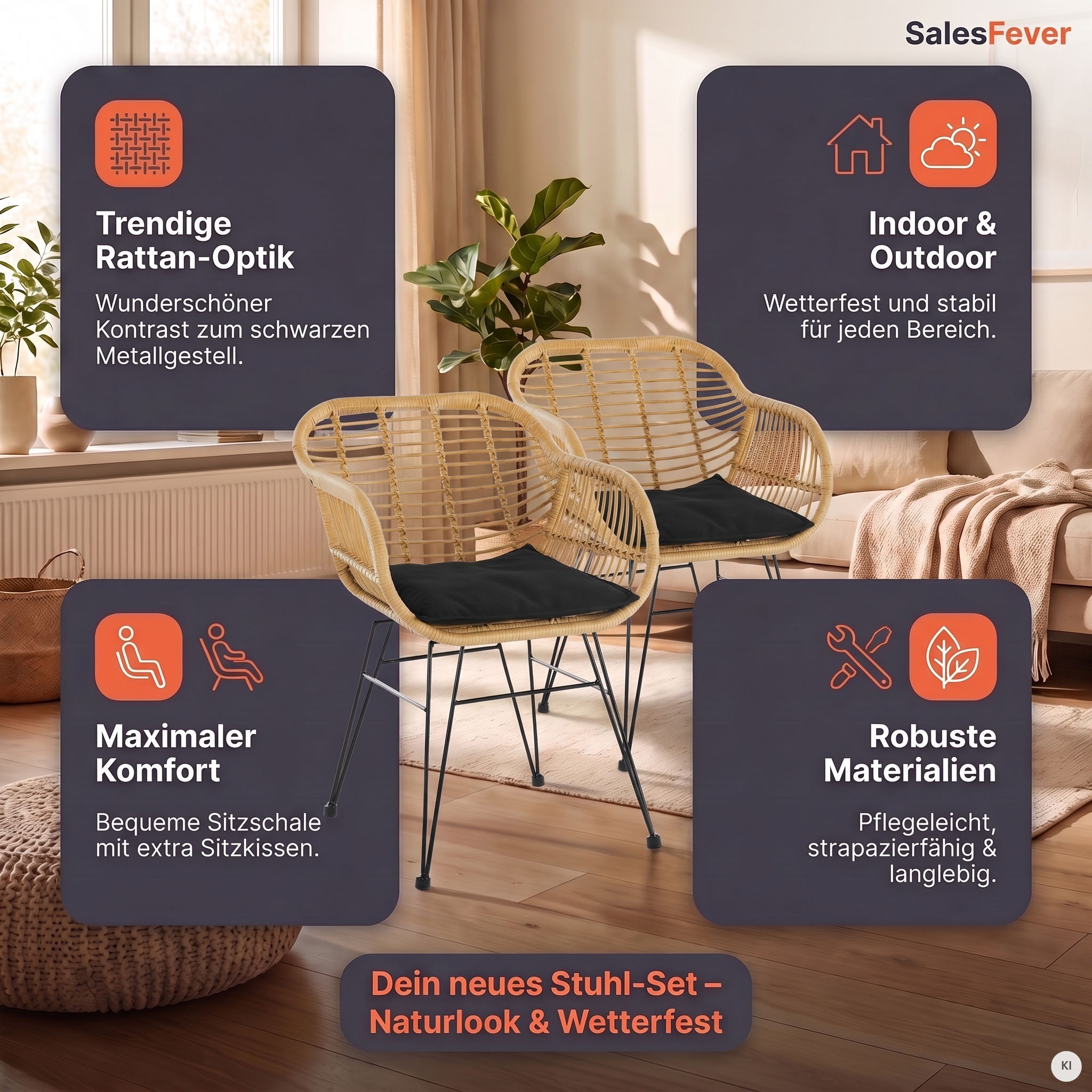 SalesFever Stuhl »Wels - Komfortabler Sitzplatz« (Set) 2 Stk.Zweier-Set: Wetterfestes Kunststoffgeflecht in Rattanoptik