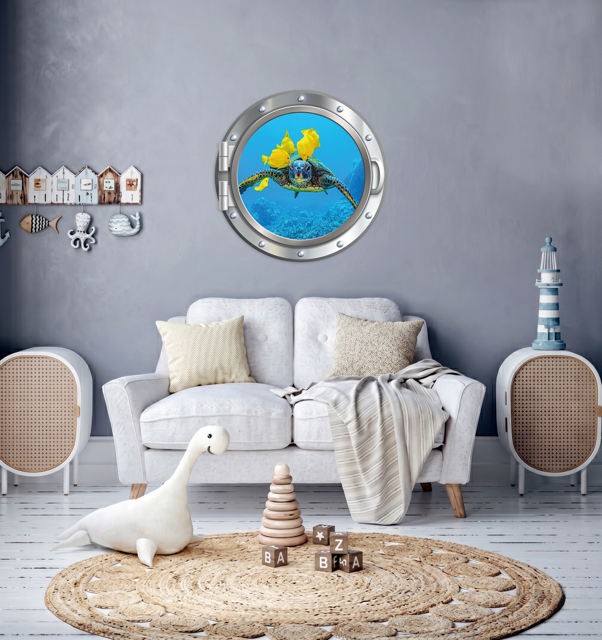 queence Wandsticker »3D Bullauge Illusion Unterwasserwelt Schildkröte 40x40 cm« Selbstklebender Wanddurchbruch Unterwasser