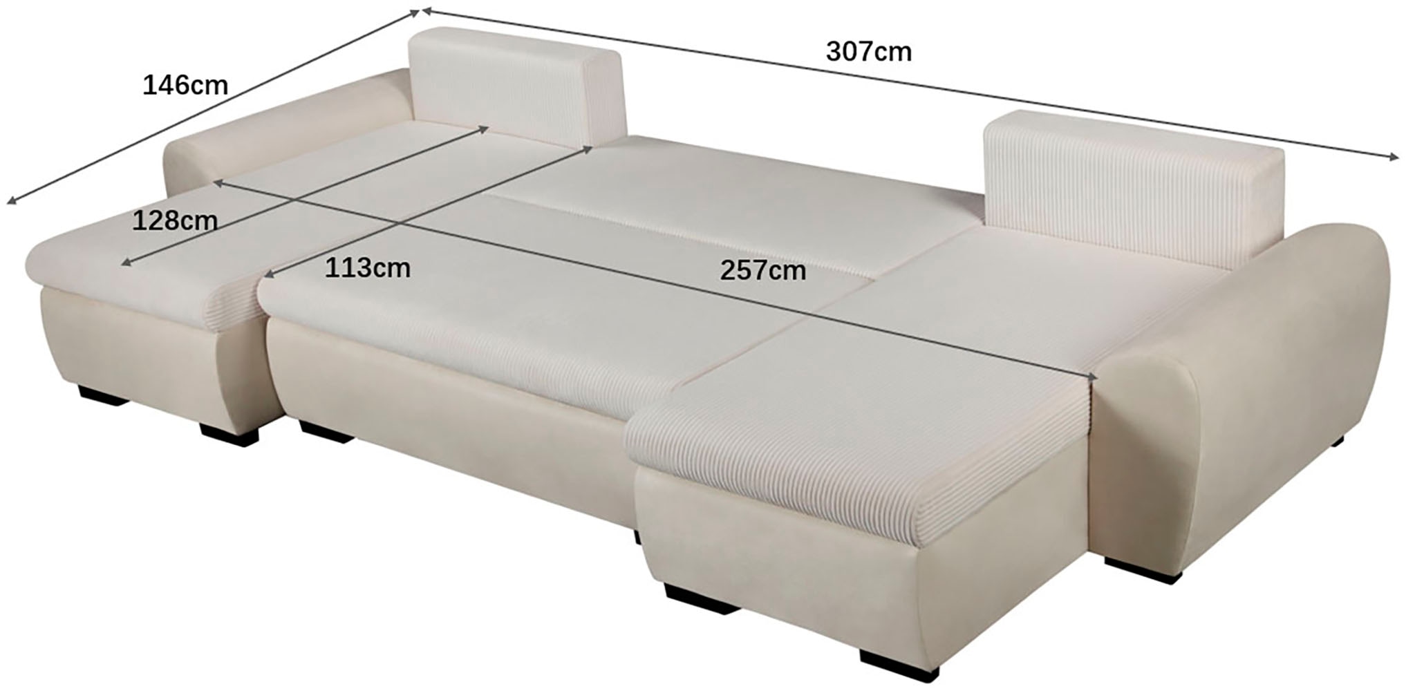 OTTO home Wohnlandschaft »KIVELLA  mit Schlaffunktion, Cord-Struktur, U-Form, 307 cm« Schlafsofa - Liegefläche (128/257), Bettkasten, Cord-Struktur-Mix