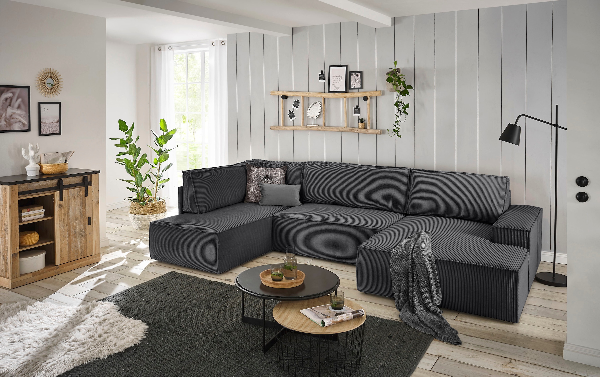 Home affaire Wohnlandschaft »SHERWOOD  329 cm, U-Form, Schlafsofa,« Schlaffunktion m. Bettkasten (194x139 cm), Cord, Vintage, Samtvelours