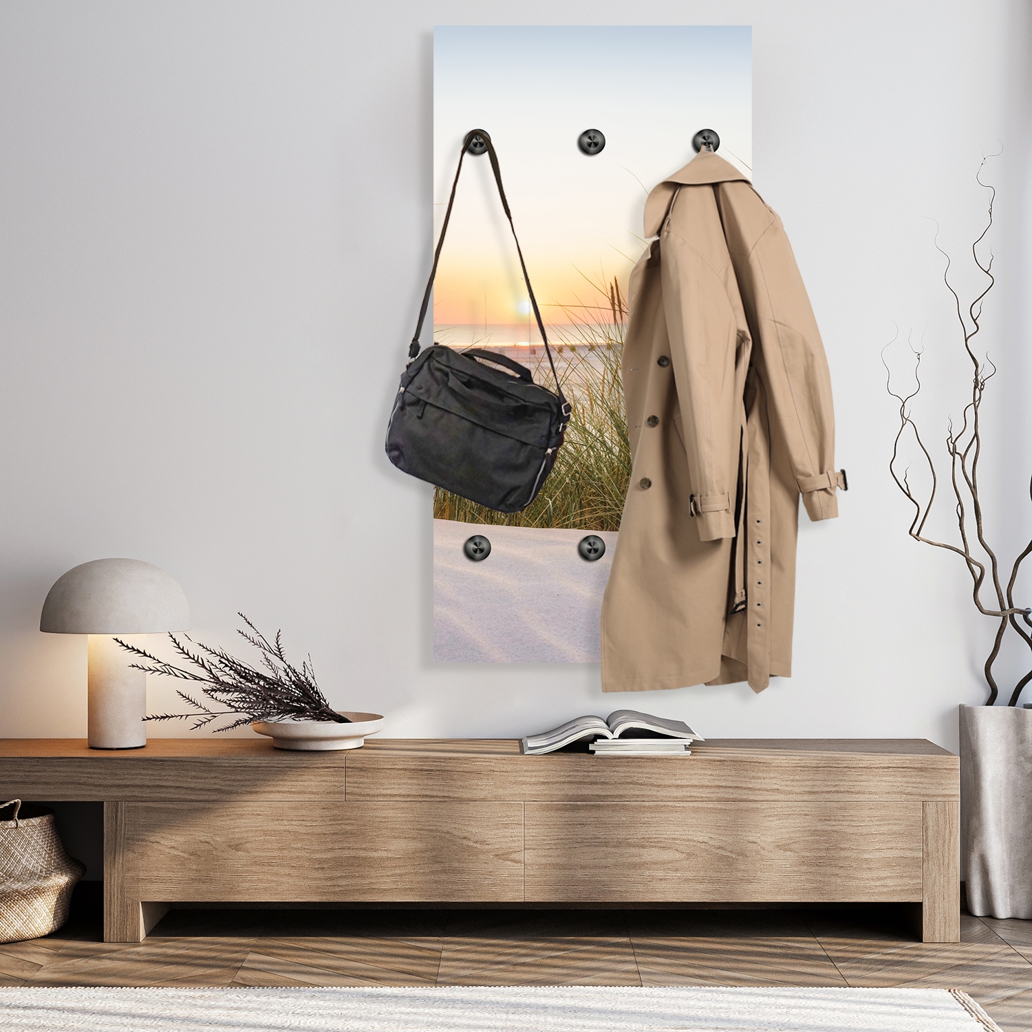 queence Wandgarderobe »Sonnenuntergang auf Sylt« 1 Stk. tlg. Wandpaneel aus Acrylglas inkl. 6 Edelstahlhaken in schwarz matt