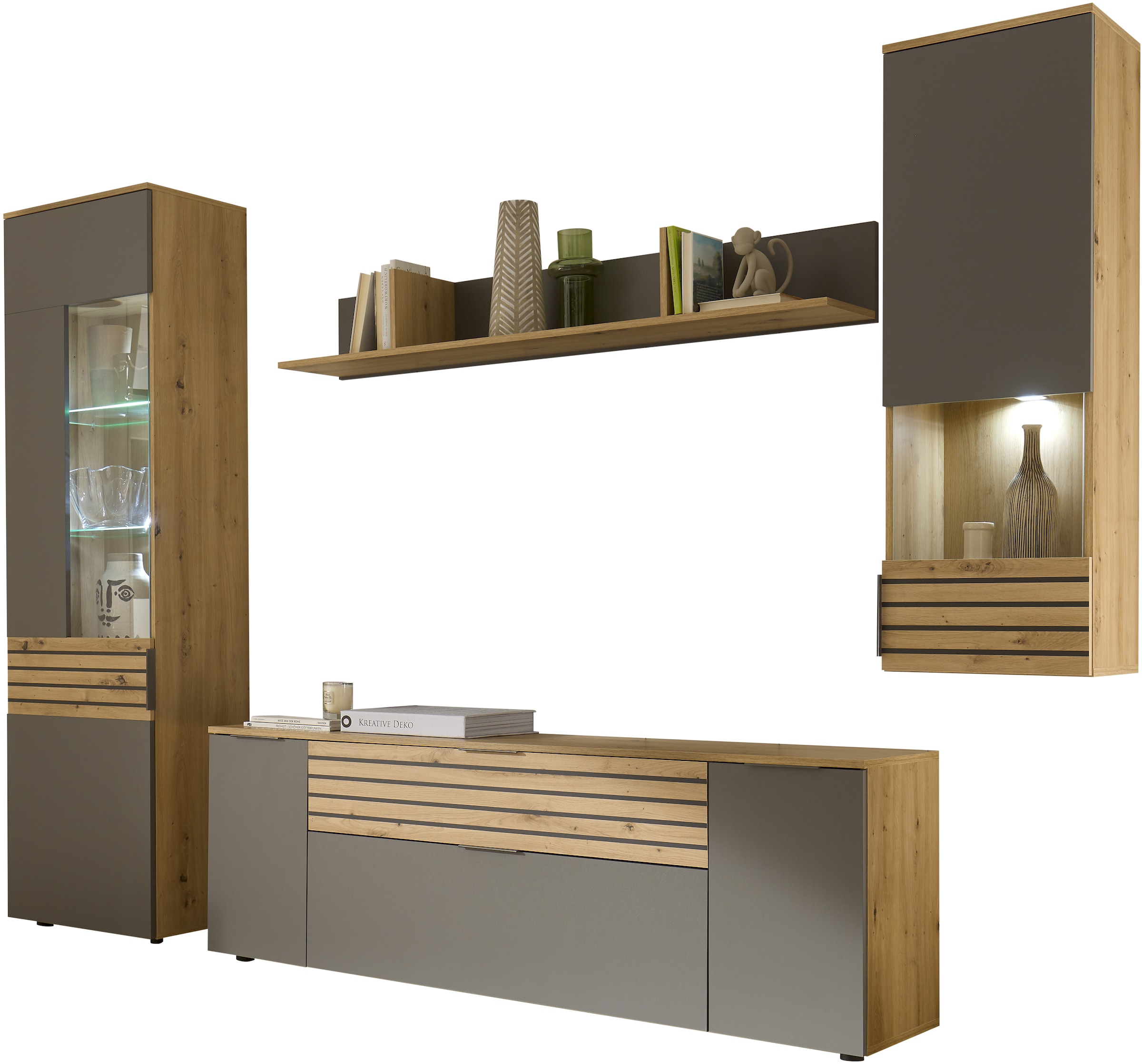 HBZ Wohnwand »inkl. LED-Beleuchtung Eiche Stripes Dekor, BxHxT 265x199x37 cm«, (Set, 4 St.), Vitrine inkl. LED-Beleuchtung, Lowboard, Wandboard und Hängevitrine