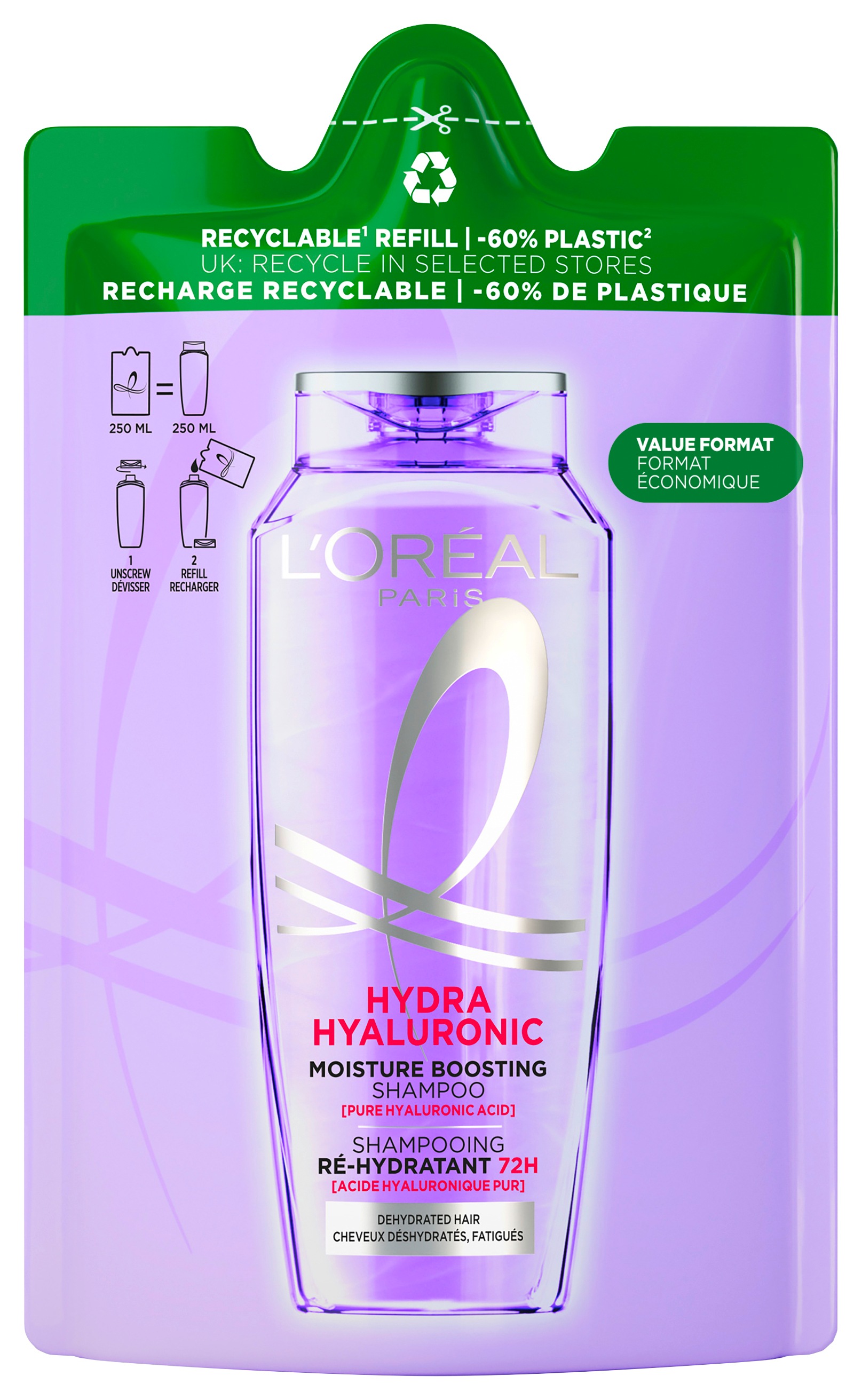 L'ORÉAL PARIS Haarshampoo »ELVITAL HYDRA HYALURONIC SHAMPOO NACHFÜLLPACK« Hyaluronsäure für trockenes Haar, Feuchtigkeitsspendend