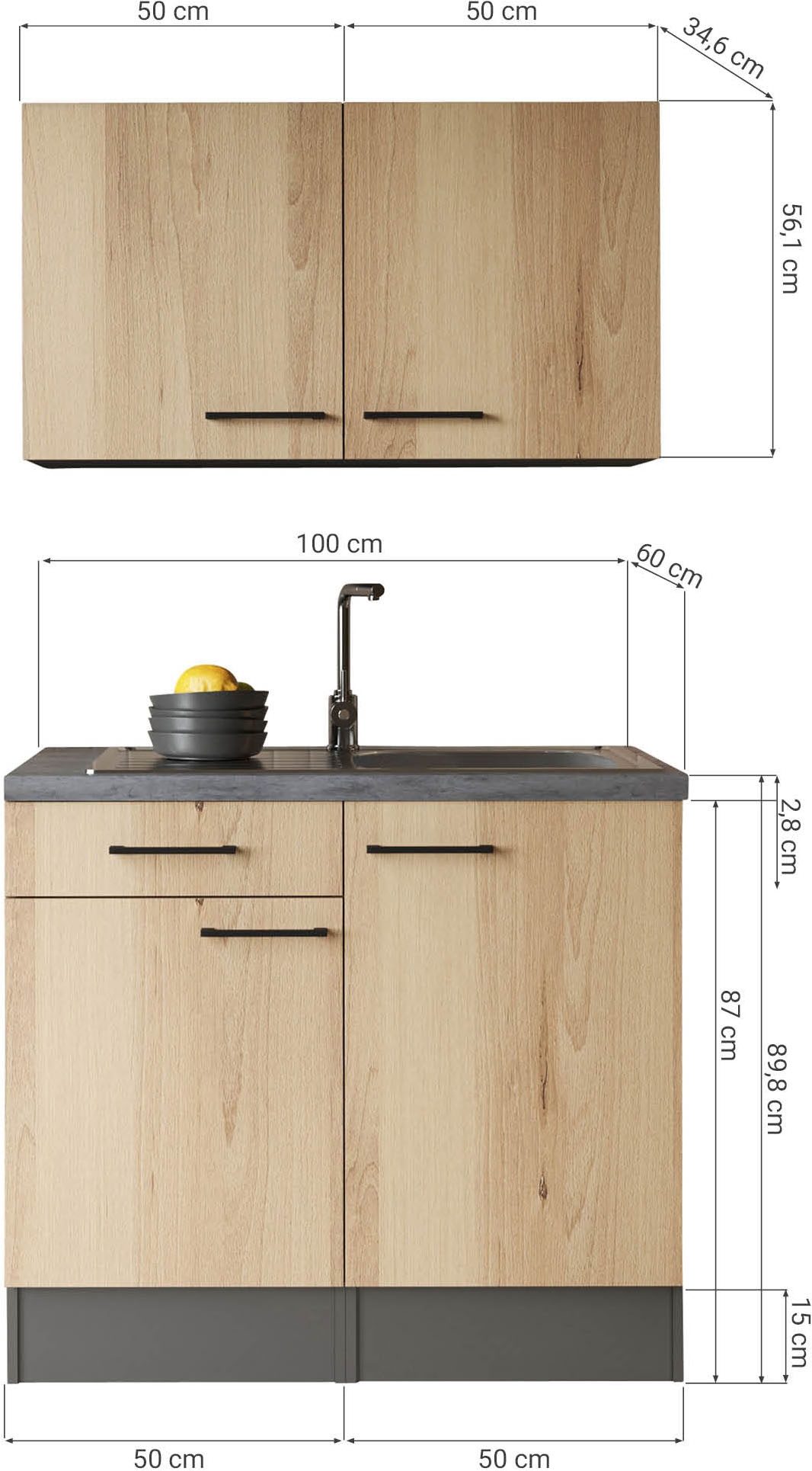 RESPEKTA Pantryküche »Oliver« zerlegt, mit Oberschränken, Edelstahlspüle und Soft-Close, 100 cm