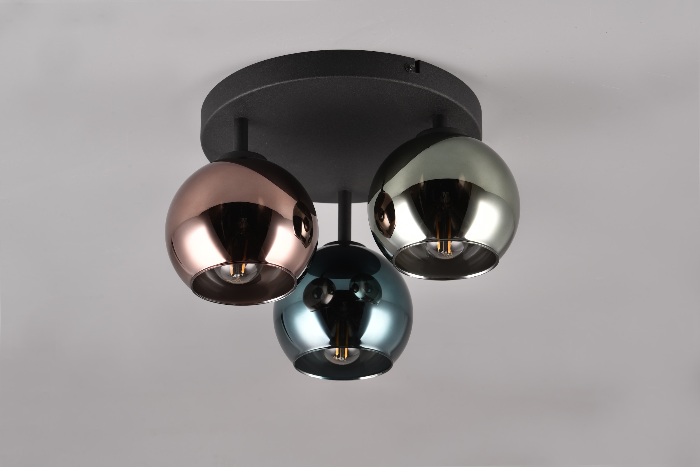 REALITY Leuchten Deckenleuchte »SHELDON, Deckenlampe 3-flammig exkl 3x E14 max 10W Glasschirme bunt«, 3 flammig, Leuchtmittel E14 | Leuchtmittel wechselbar, Ø gesamt 33cm, Deckenleuchte blau grün + kupfer Glas verspiegelt