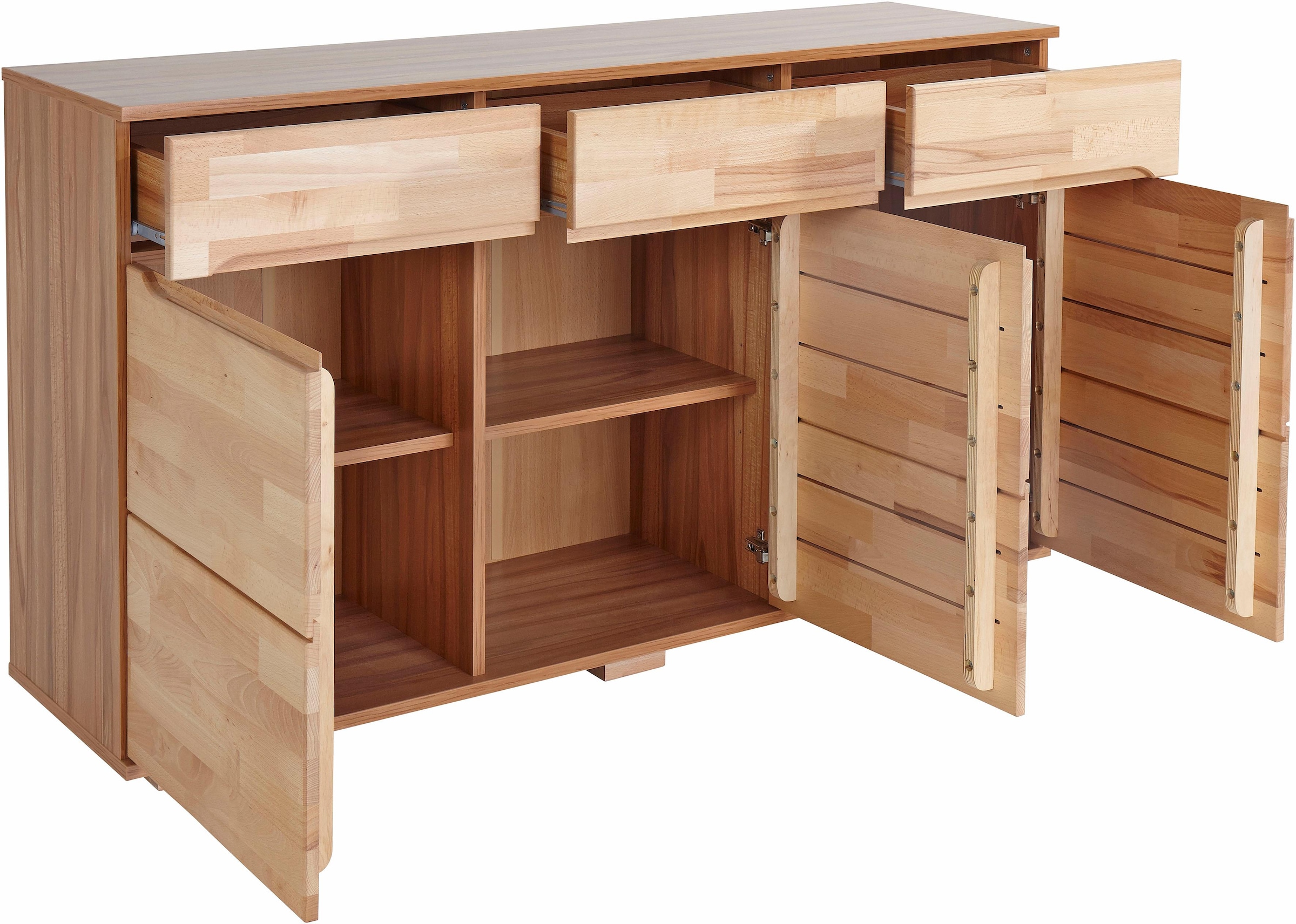 Home affaire Sideboard »Vetro,150cm breit,40 cm tief, Fronten Massivholz,6 Fächer«, Kernbuche massiv, Holzwerkstoff, 3Türen,3 Schubladen, Griffmulden