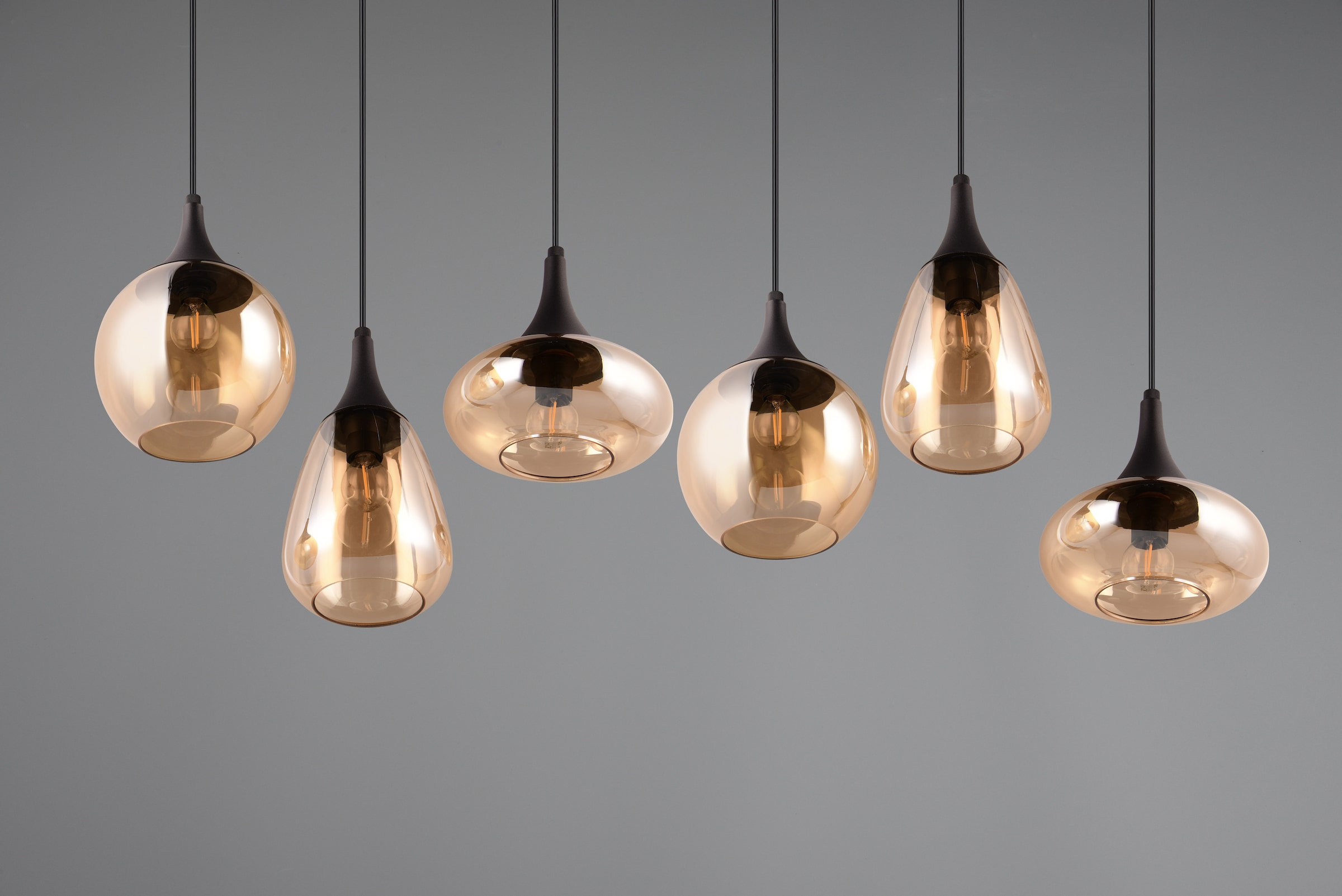 TRIO Leuchten Pendelleuchte »Lumina, E14 Hängelampe 6-flammig Glasschirme in 3 Formen amberfarbig« E14 1 Stk. warmweiß - kaltweiß exkl 6x E14 max 40W, Hängeleuchte höhenverstellbar bis max 150 cm