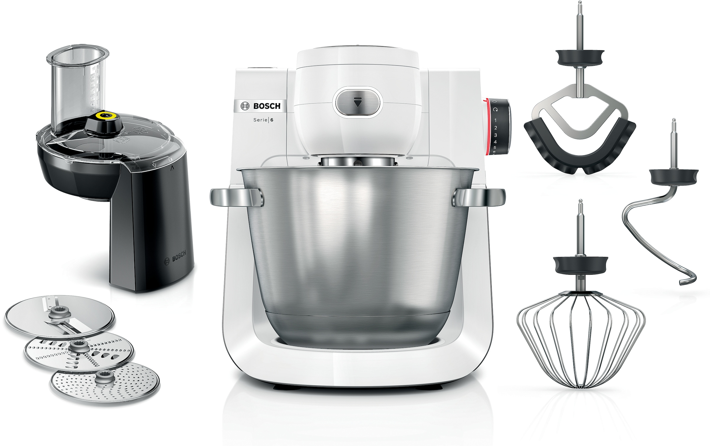 BOSCH Küchenmaschine »Serie 6 MUMS6EW13D, Durchlaufschnitzler, Edelstahlschüssel, weiß«, 7 Stufen, 3 Scheiben, Knethaken/Rühr-/Silikonbesen, spülm.fest