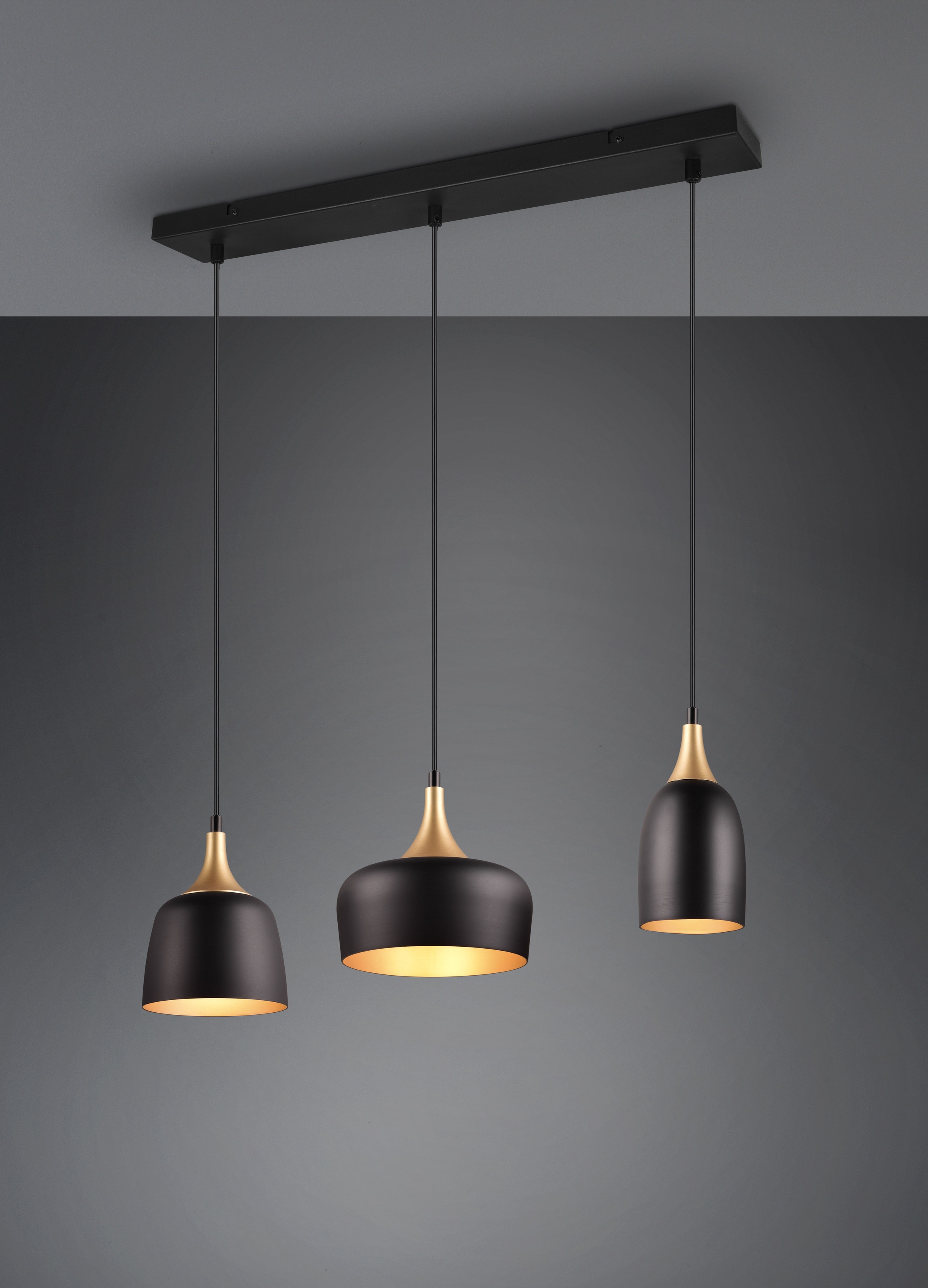 TRIO Leuchten Pendelleuchte »CHIRAZ, Hängeleuchte 3-flammig schwarz messing gold max 150cm Höhe«, 3 flammig, Leuchtmittel E14 | Leuchtmittel wechselbar, Hängelampe exkl 3x E14 max 25W, Industrie Loft Stil 3 Schirmformen