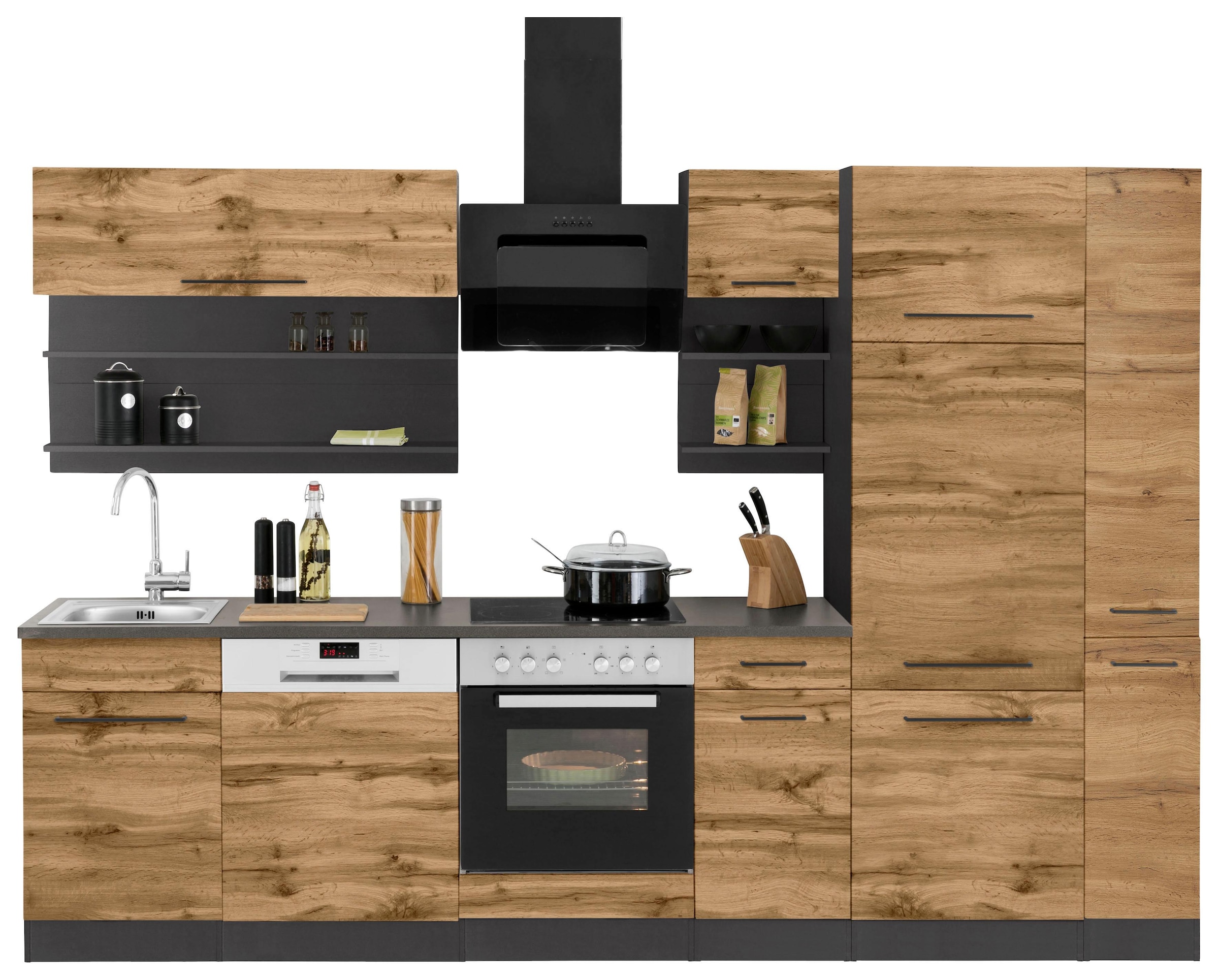 KOCHSTATION Küchenzeile »KS-Tulsa« mit E-Geräten, Breite 300 cm, schwarze Metallgriffe, MDF Fronten