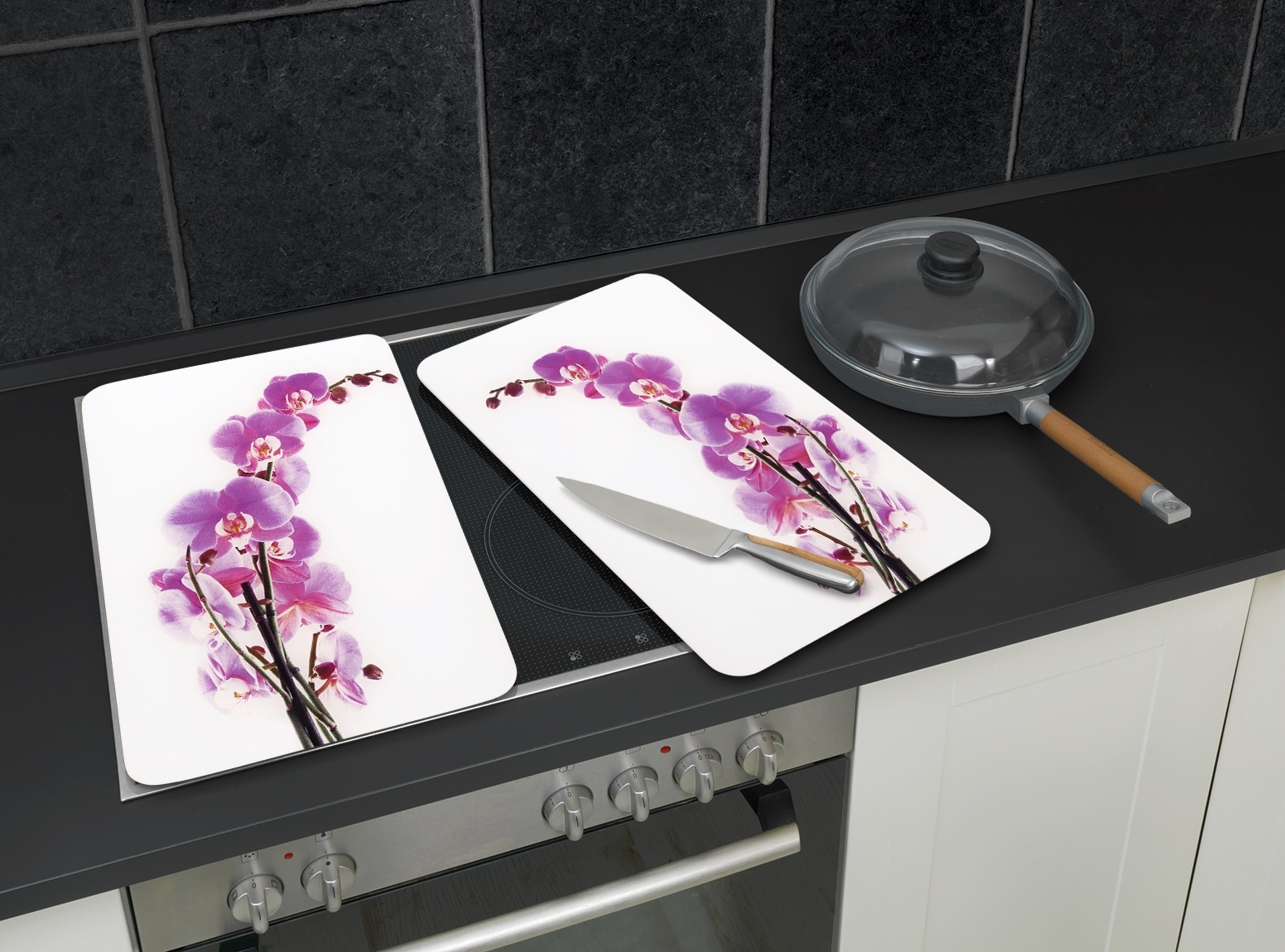 WENKO Herd-Abdeckplatte »Universal Modell Orchideenblüte«, (Set, 2 tlg.), Herdabdeckung für alle Herdarten, kratzfest, mit rutschfesten Füßen
