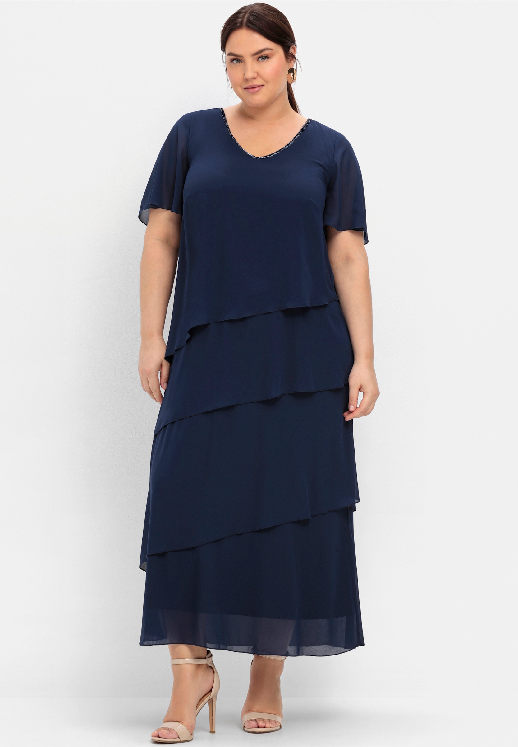 Sheego Jerseykleid »Abendkleid Cocktailkleid im Lagenlook, mit Volants« Ohne Tasche in Maxi-Länge