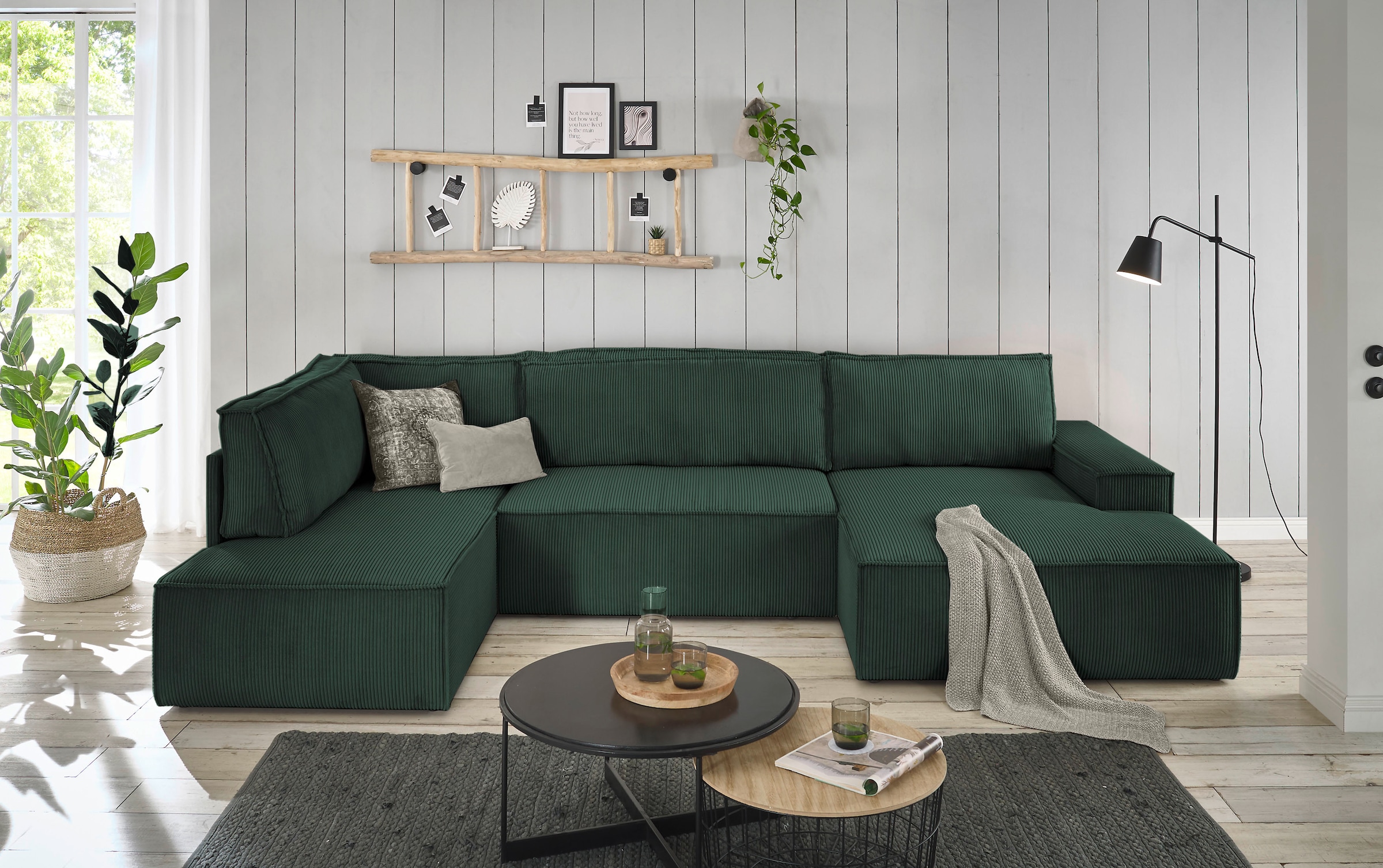 Home affaire Wohnlandschaft »SHERWOOD 329 cm, U-Form, Schlafsofa,«, Schlaffunktion m. Bettkasten (194x139 cm), Cord, Vintage, Samtvelours