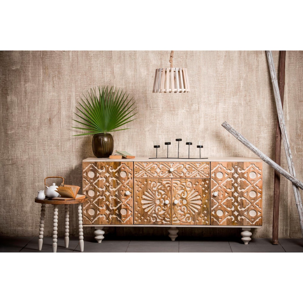 Home affaire Sideboard »Spring«, aus massivem Mangoholz mit dekorativen Schnitzereien, Breite 160 cm