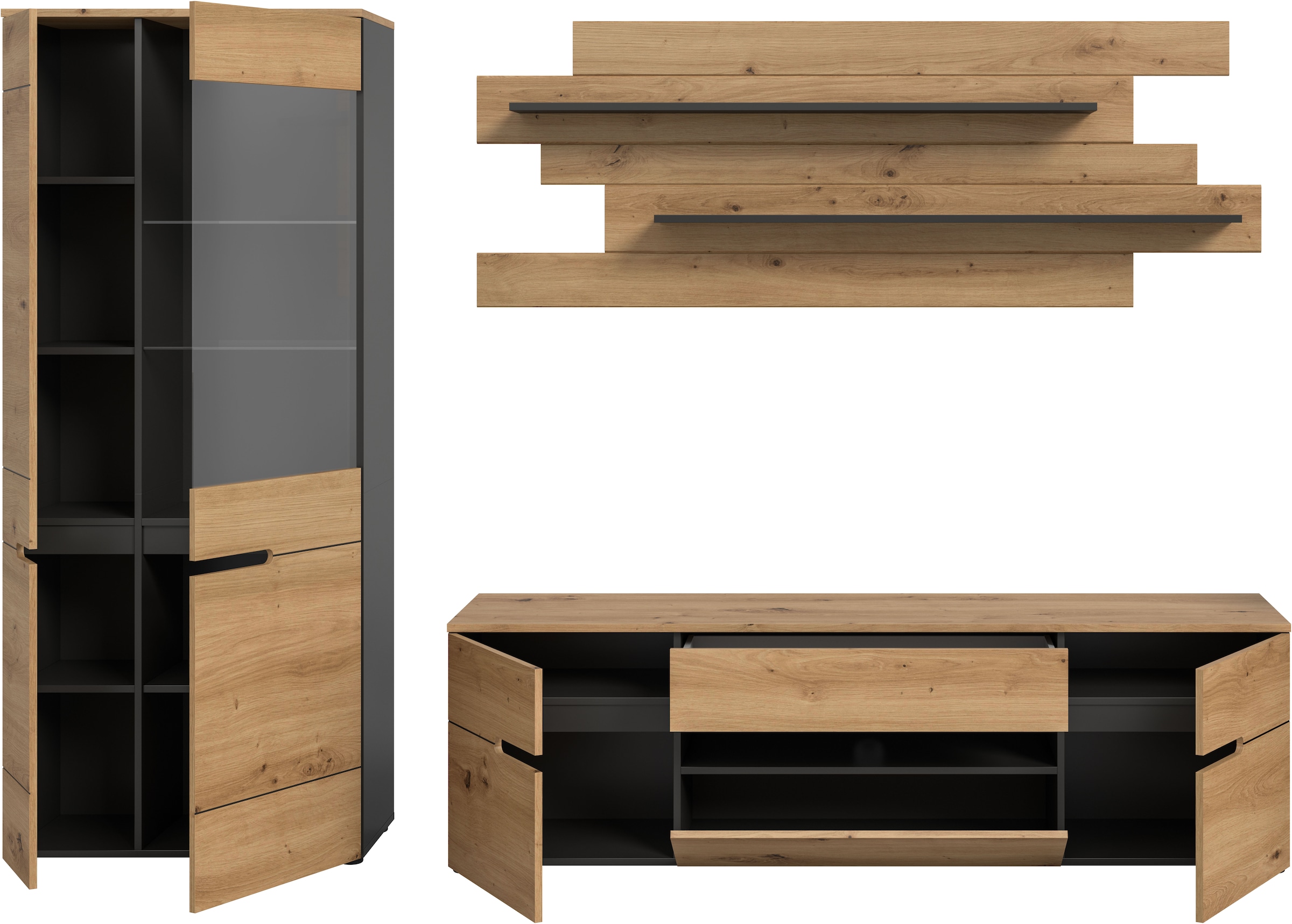 Home affaire Wohnwand »REHAT, TOPSELLER!, 3-teilig, Breite 280 cm, individuell stellbar« Set bestehend aus: Vitrine, Lowboard und Wandboard, 3 Stk. tlg.