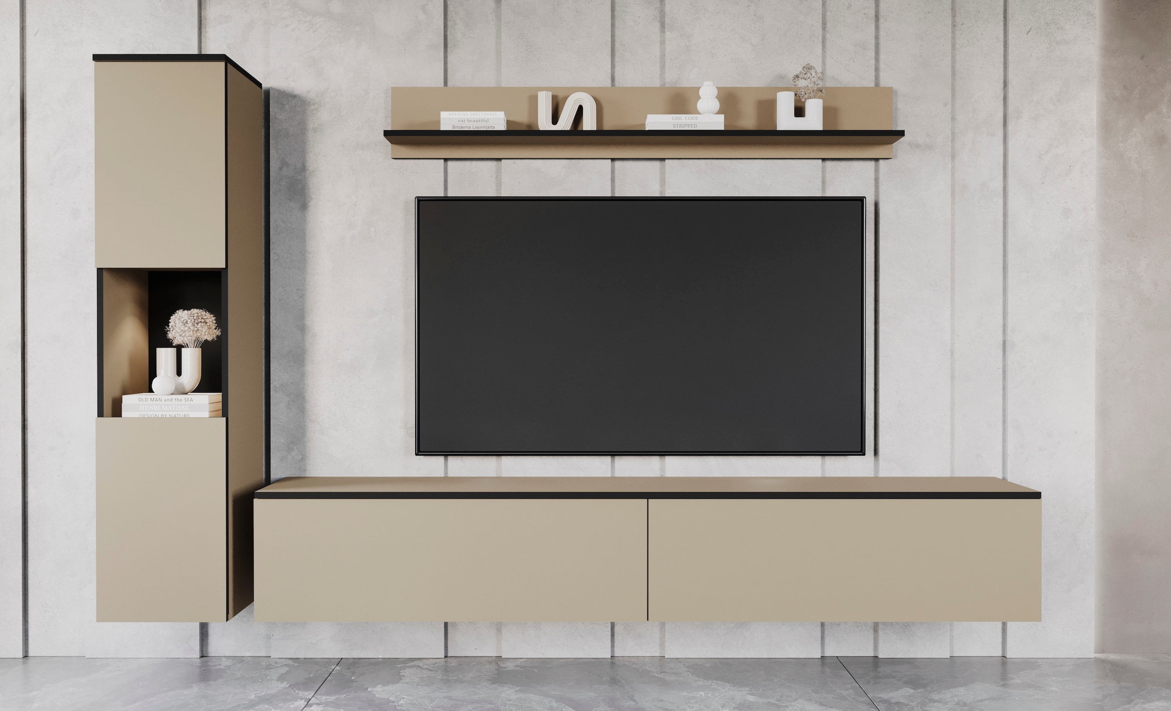 INOSIGN Wohnwand »PARIS, Vitrine Türanschlag links/rechts wechselbar«, (Komplett-Set, 3 St.), grifflose Design, stehend und hängend montierbar