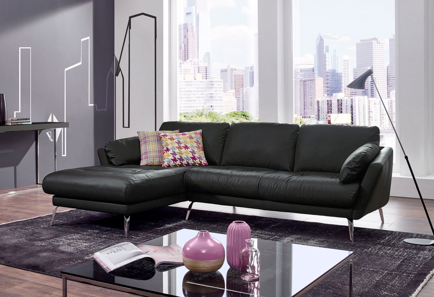 W.SCHILLIG Ecksofa »softy, Designsofa, zeitlos und elegant, hoher Sitzkomfort, L-Form«, mit dekorativer Heftung im Sitz, Füße Chrom glänzend