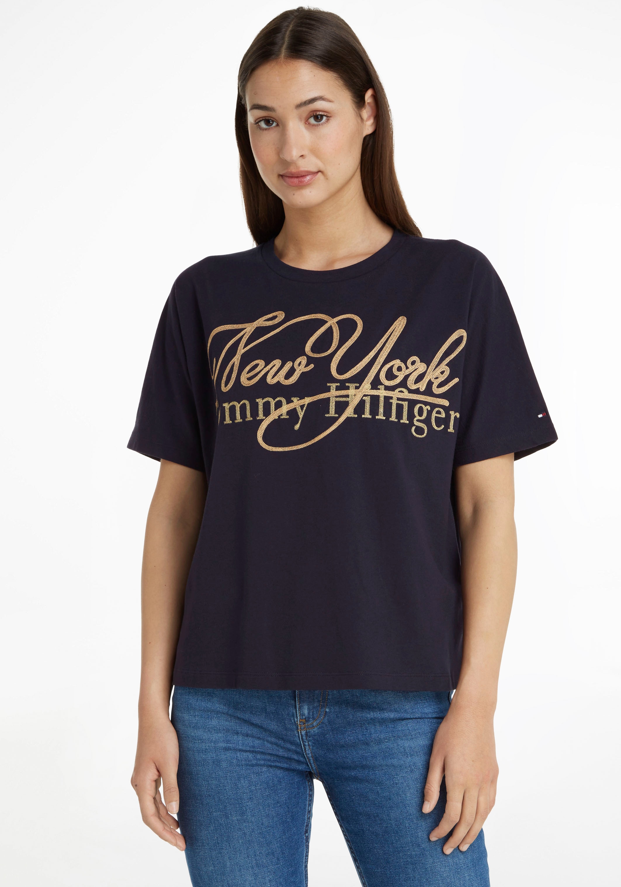 Tommy Hilfiger T-Shirt »RLX mit bei C-NK metalicfarbenen & NY METALLIC Markenlabel Hilfiger ♕ Tommy SS«, Print