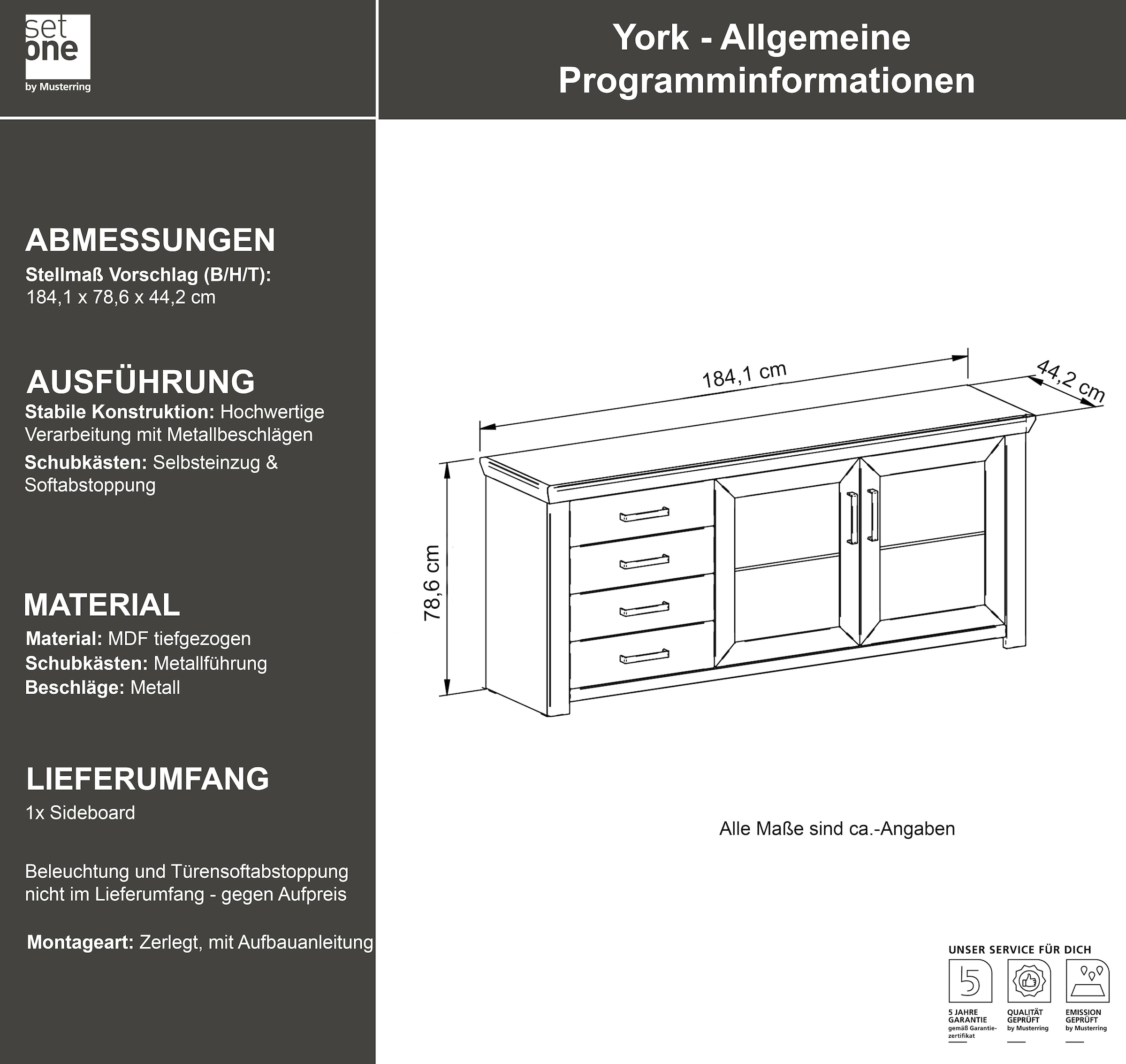 set one by Musterring Sideboard »York« Typ 51, mit viel Stauraum, Bügelgriff silber, B 184 x H 79 cm