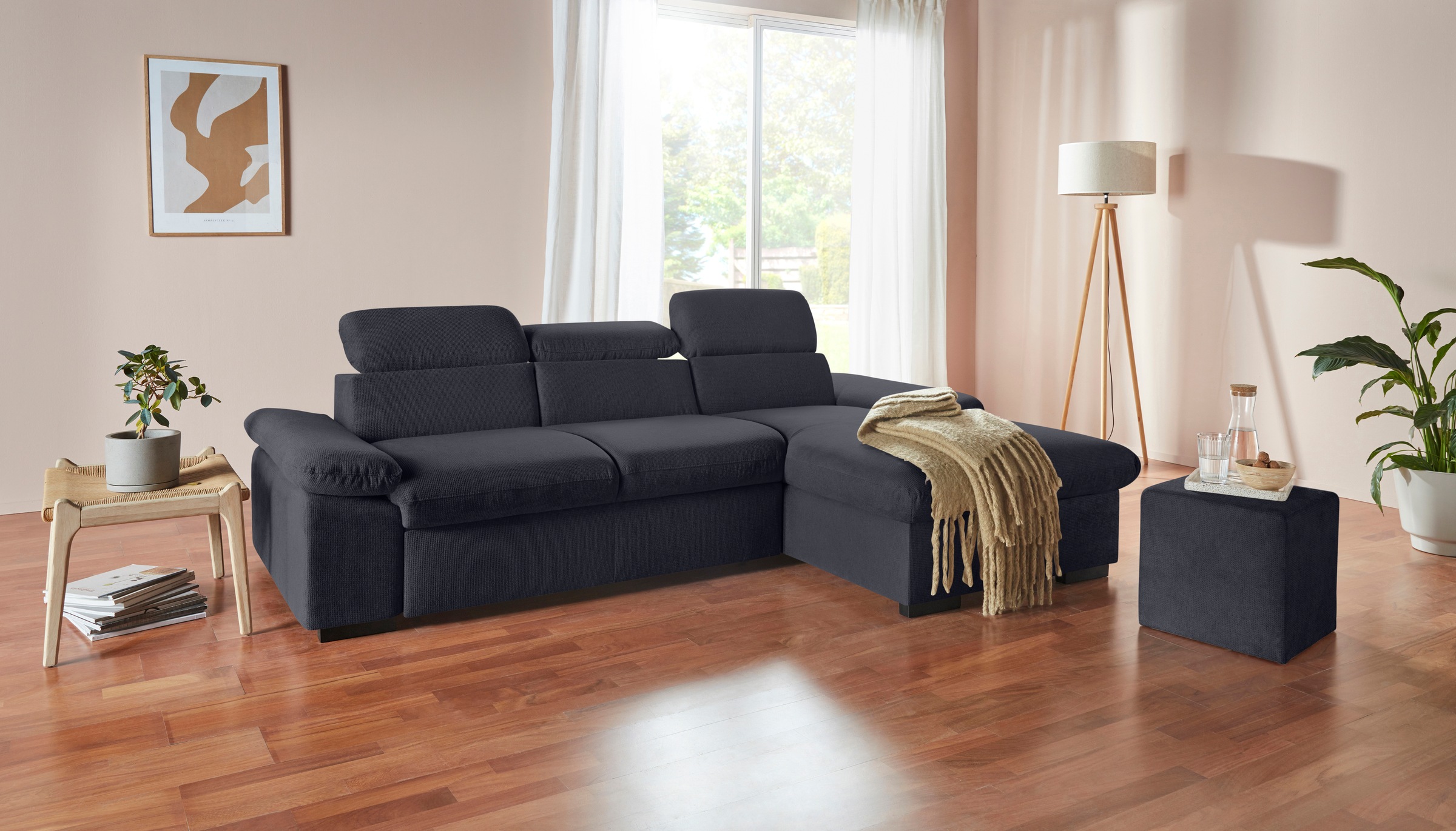 COTTA Ecksofa »Lola L-Form mit Kopfteilfunktion & Hocker«, (Set, mit Hocker), wahlweise mit Bettfunktion, Bettkasten & Armteilverstellung