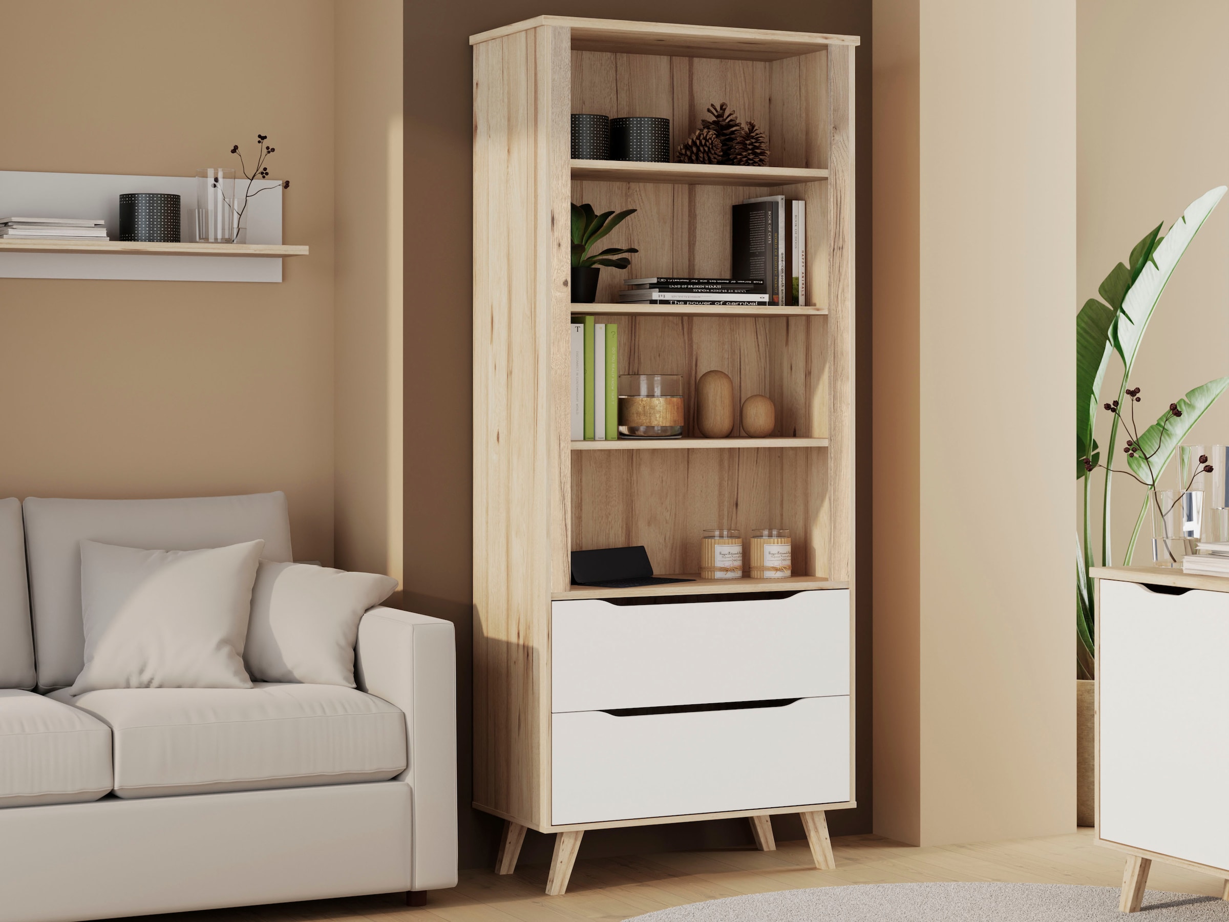 FORTE Wandregal »Vankka Regal 2 Schubkästen« B/H/T 84,7/201,5/41,7 cm,  Regal, Holzfüße, Einlegeböden variabel , 2 Schubkästen