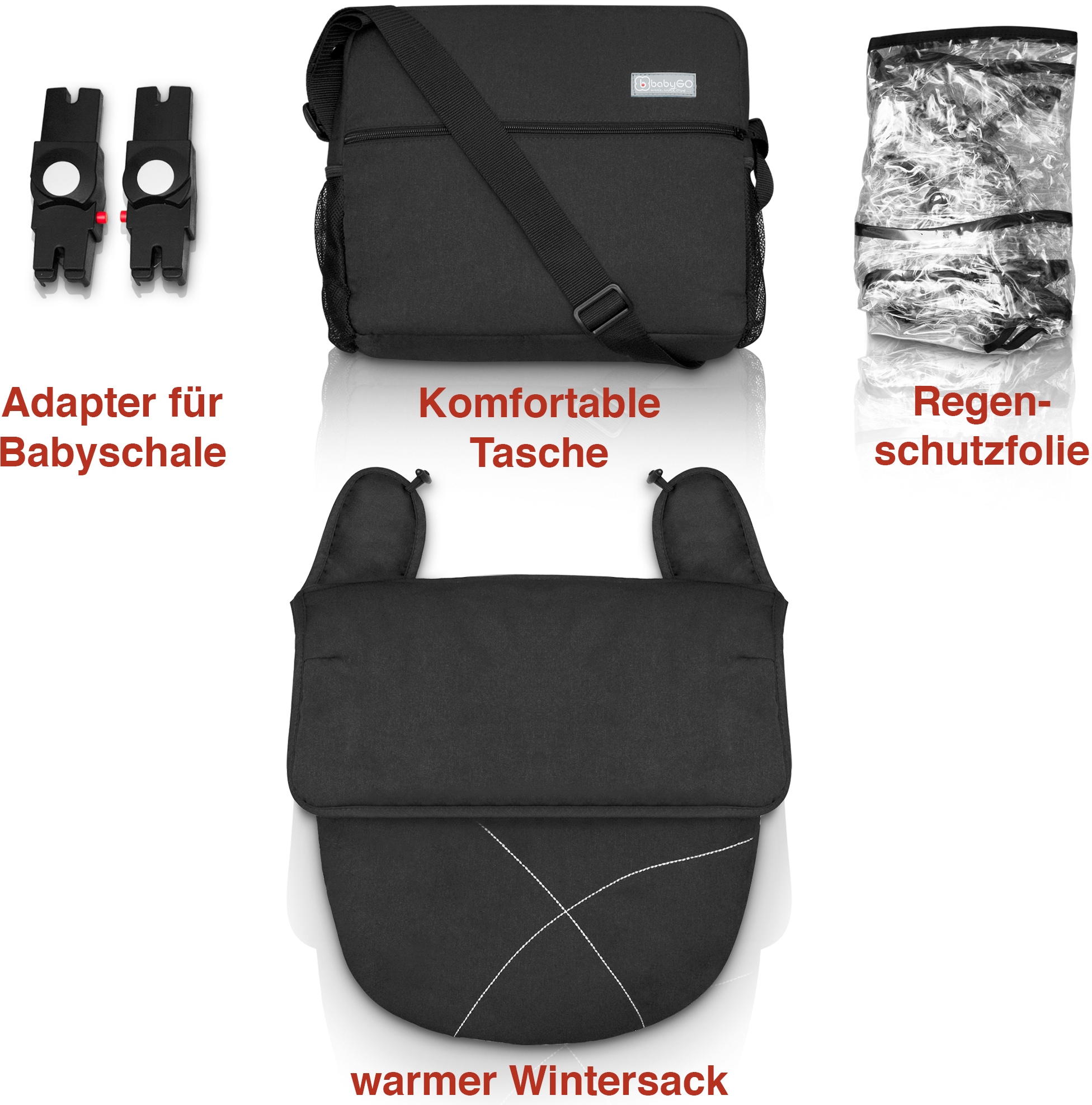 BabyGo Kombi-Kinderwagen »Halime 3in1«, inklusive Babywanne, Babyschale, Regenhaube & Wickeltasche