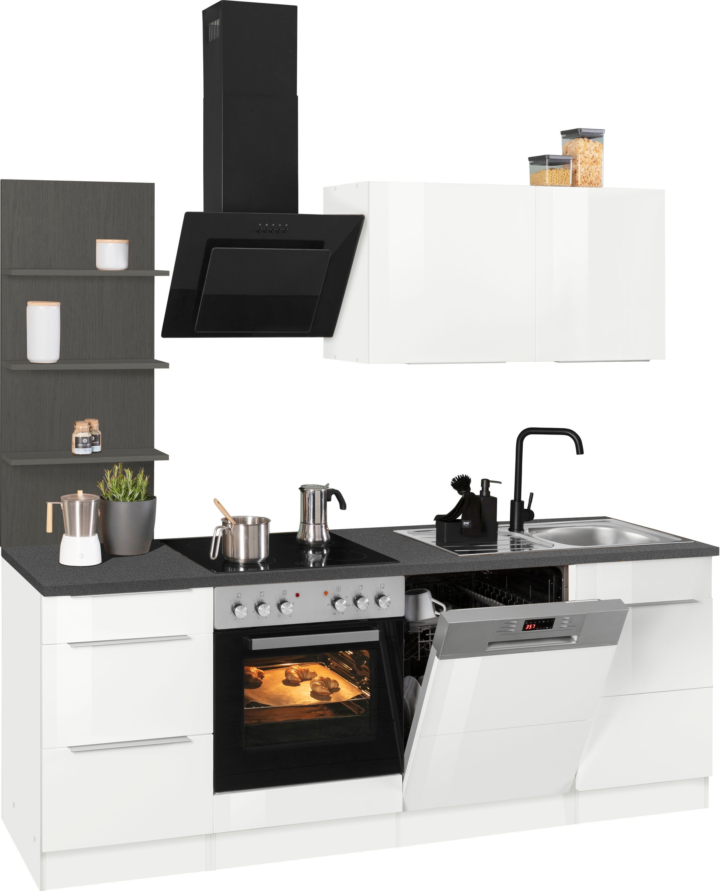 KOCHSTATION Küchenzeile »KS-Brindisi«, Breite 220 cm, wahlweise mit E-Geräten, mit MDF-Fronten und Regal