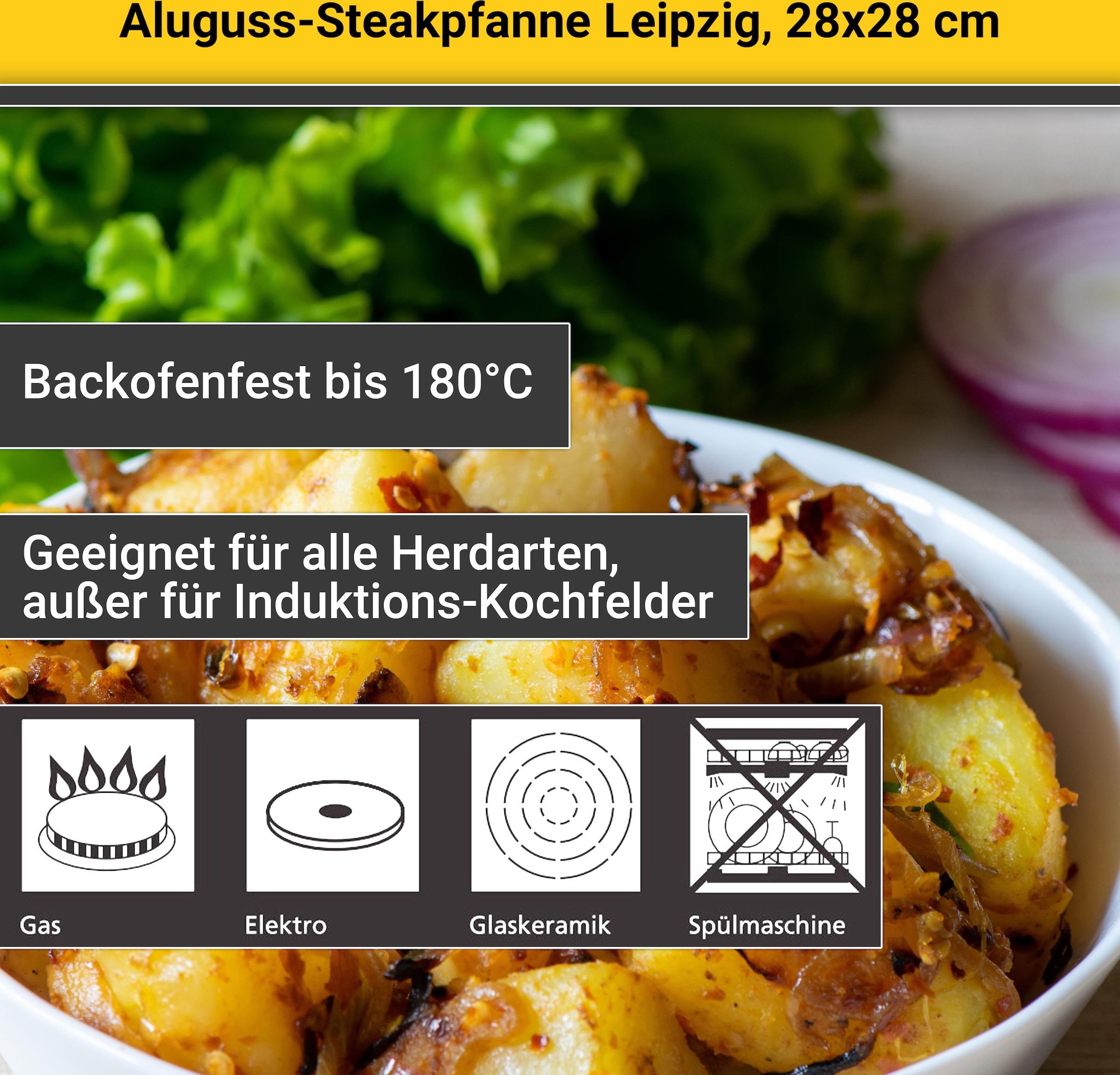 Krüger Steakpfanne »Aluguss Grill-/ Steakpfanne LEIPZIG, 28 x 28 cm«, Aluminiumguss, (1 tlg.), hochwertige Antihaft-Versiegelung