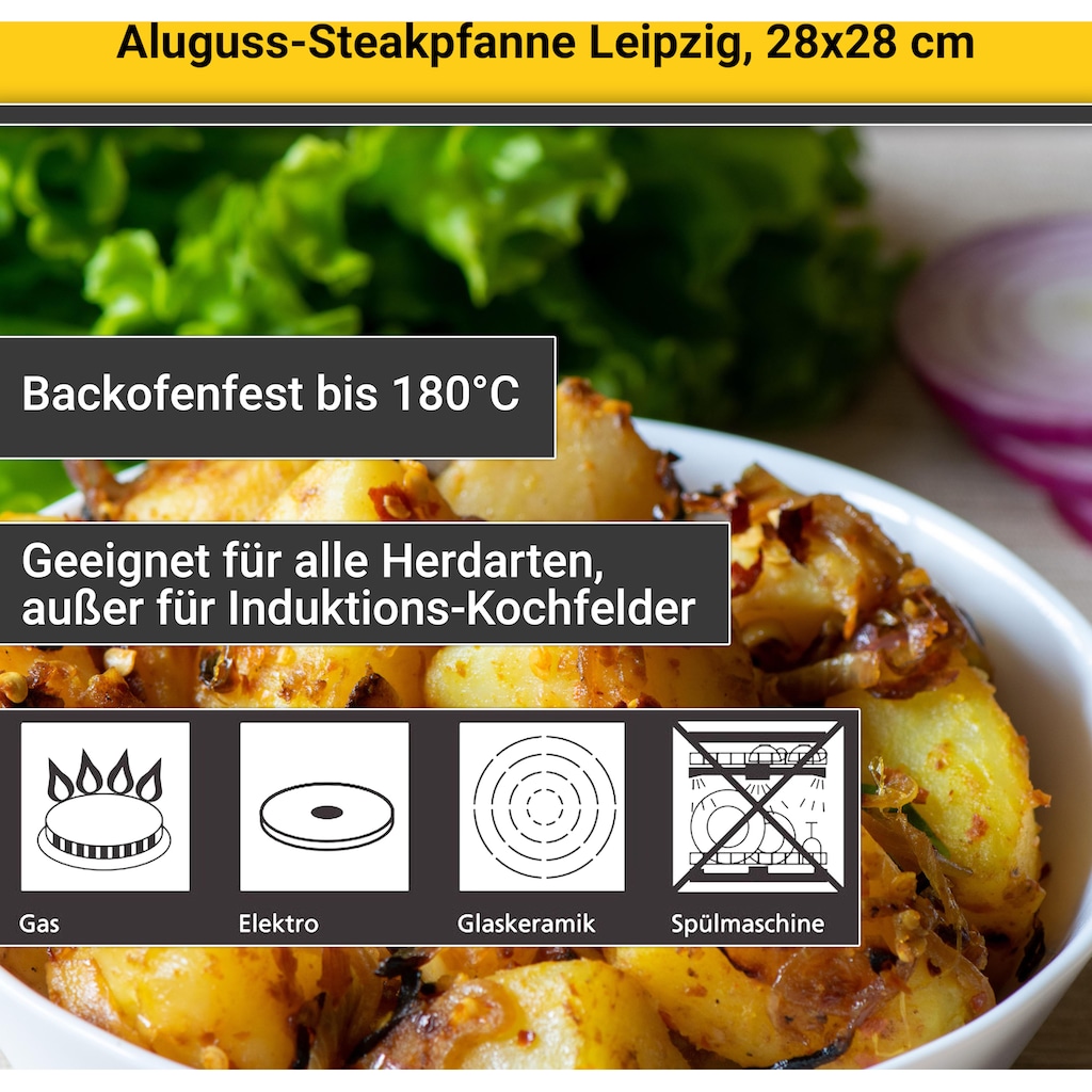 Krüger Steakpfanne »Aluguss Grill-/ Steakpfanne LEIPZIG, 28 x 28 cm«, Aluminiumguss, (1 tlg.), hochwertige Antihaft-Versiegelung