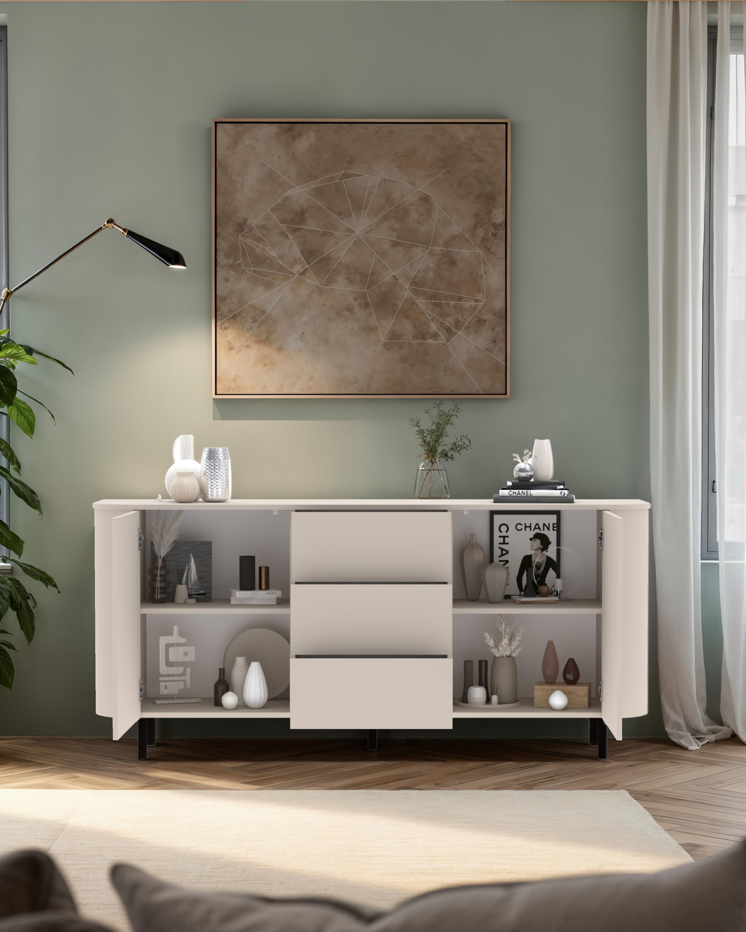 OTTO home Sideboard »Lido, 181 cm breit, 2 Türen, 3 Schubkästen, Kommode, Stauraumschrank« Formgebogenes MDF, Stirnseiten mit Rundung, Push-to-open, Metallfüße