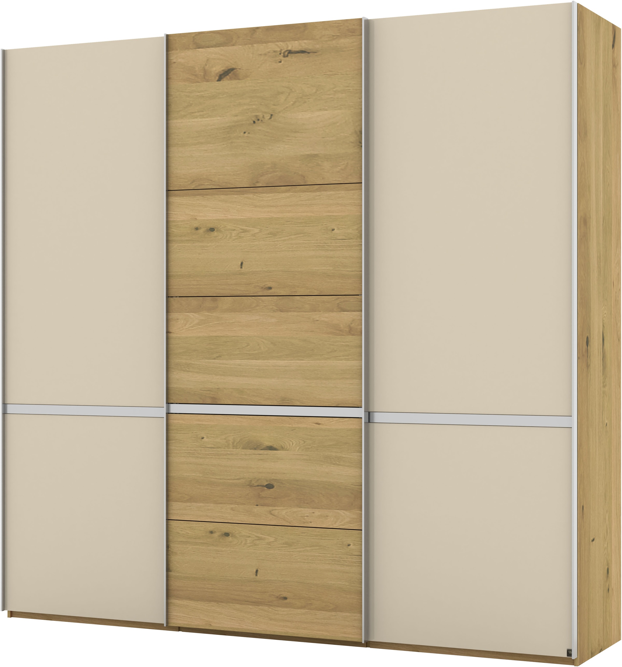 Musterring Schwebetürenschrank »Savona, Kleiderschrank, Schrank, Garderobe, mit Schiebetüren«, (Teilmassiv Bianco-Eiche, mit Spiegel oder Glas, MADE IN GERMANY), Türen Bianco-Eiche massiv, Spiegel-/Glastüren, eingelegte Chromleiste