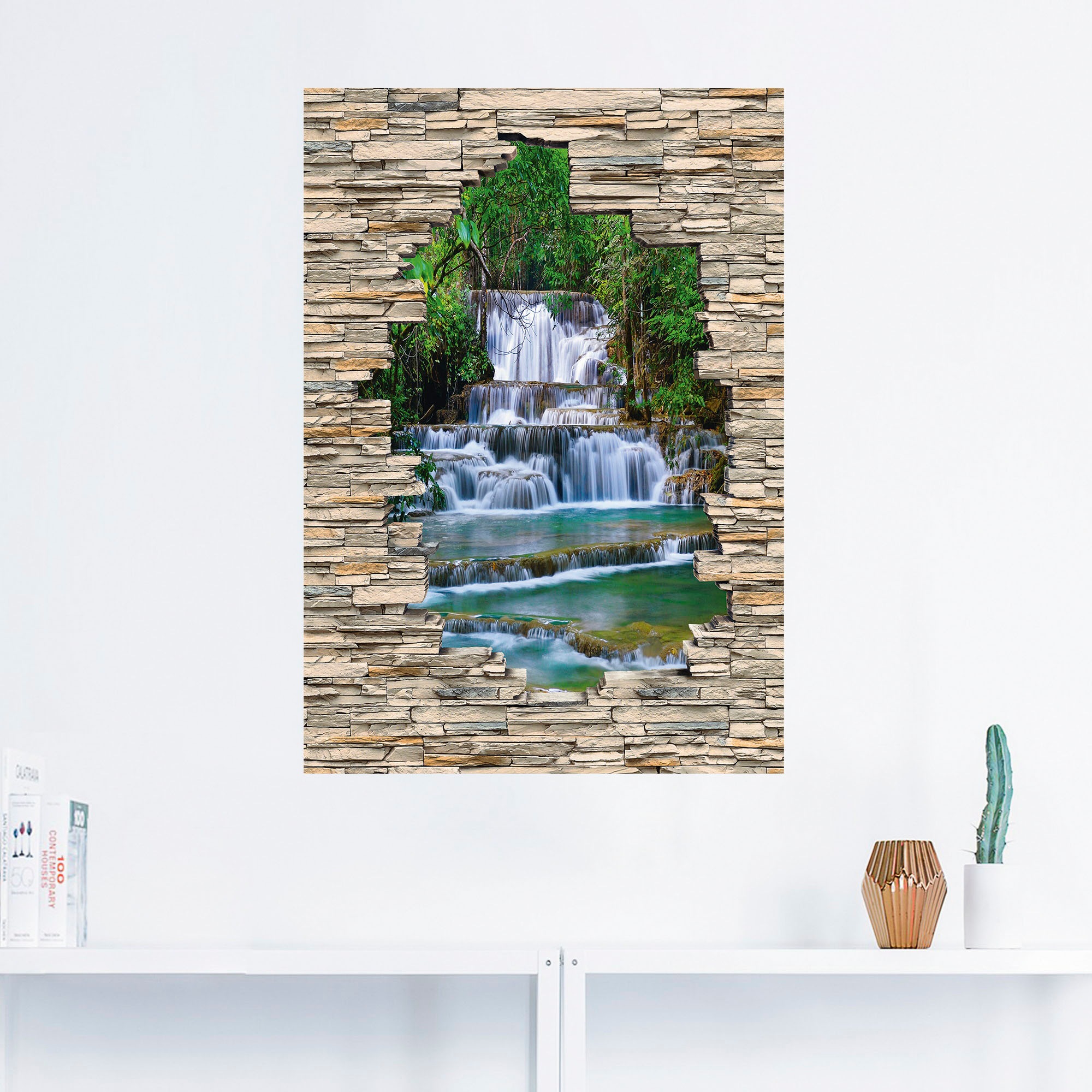 Artland Wandbild »Tiefen Wald Wasserfall Stein Mauer Blick«, Wasserfallbilder, (1 St.), als Alubild, Outdoorbild, Wandaufkleber in verschied. Größen