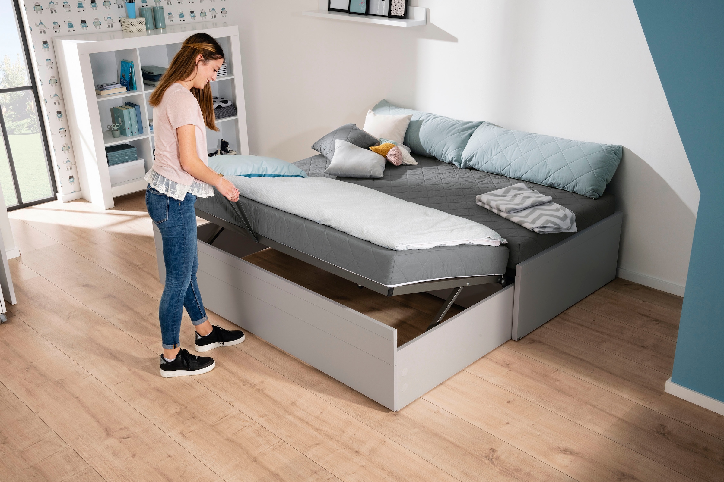 PAIDI Jugendbett »FLYNN in verschiedenen Ausführungen, Ausziehbett mit 2 Liegeflächen« Gästebett, Metallgestell inkl. Lattenroste, 2-in-1 Funktionsbett