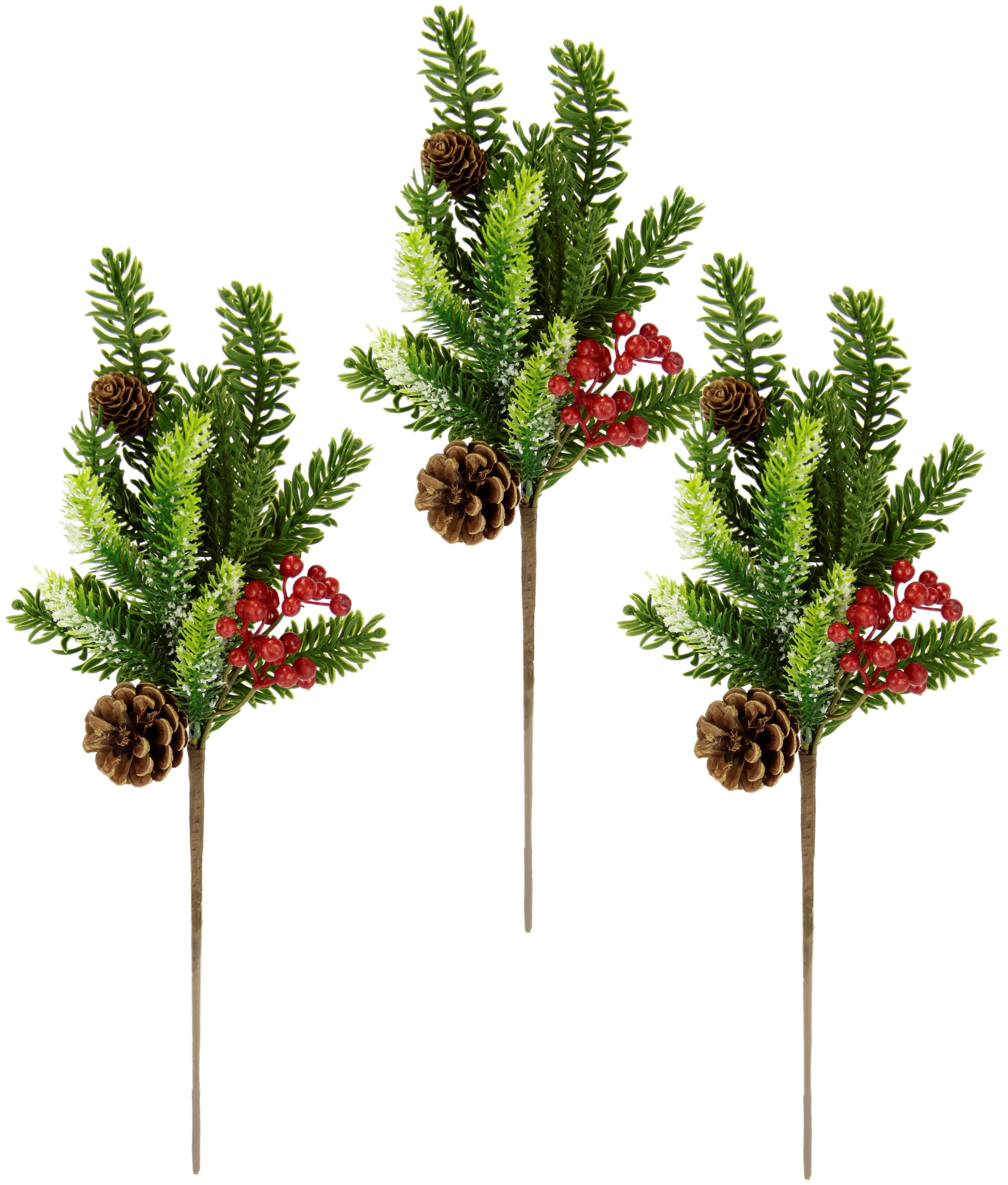 I.GE.A. Winterliche Kunstpflanze »Kunstzweig, Weihnachtsdeko«, mit echten Zapfen und Beeren, 3er Set, grün, rot, natur