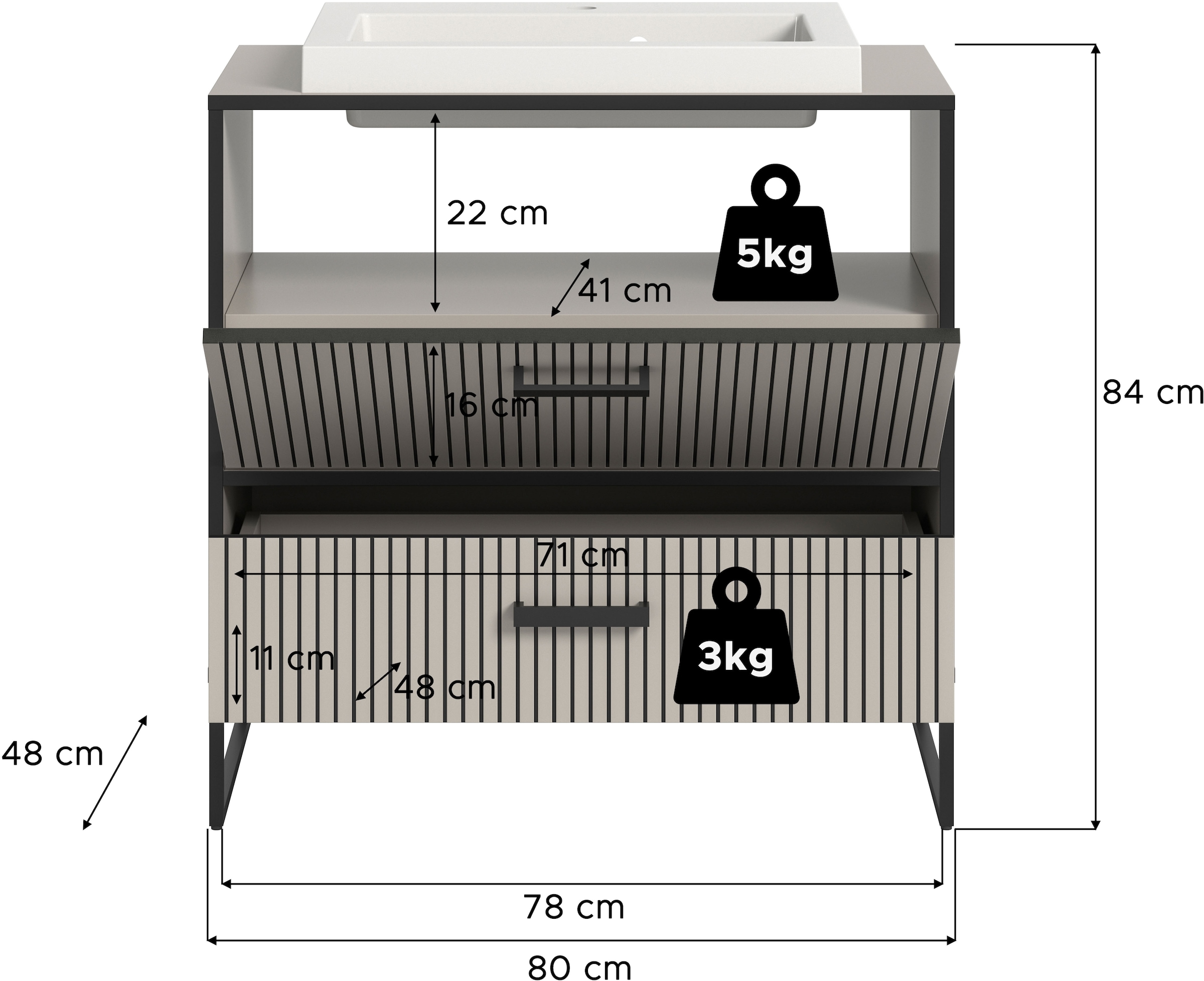 welltime Waschbeckenunterschrank »Locri, Höhe 84 cm, Rillenoptik, Metallkufen«, (2 St.), Aufsatzwaschbecken, modernes Design, Unterschrank, Badschrank, Bad