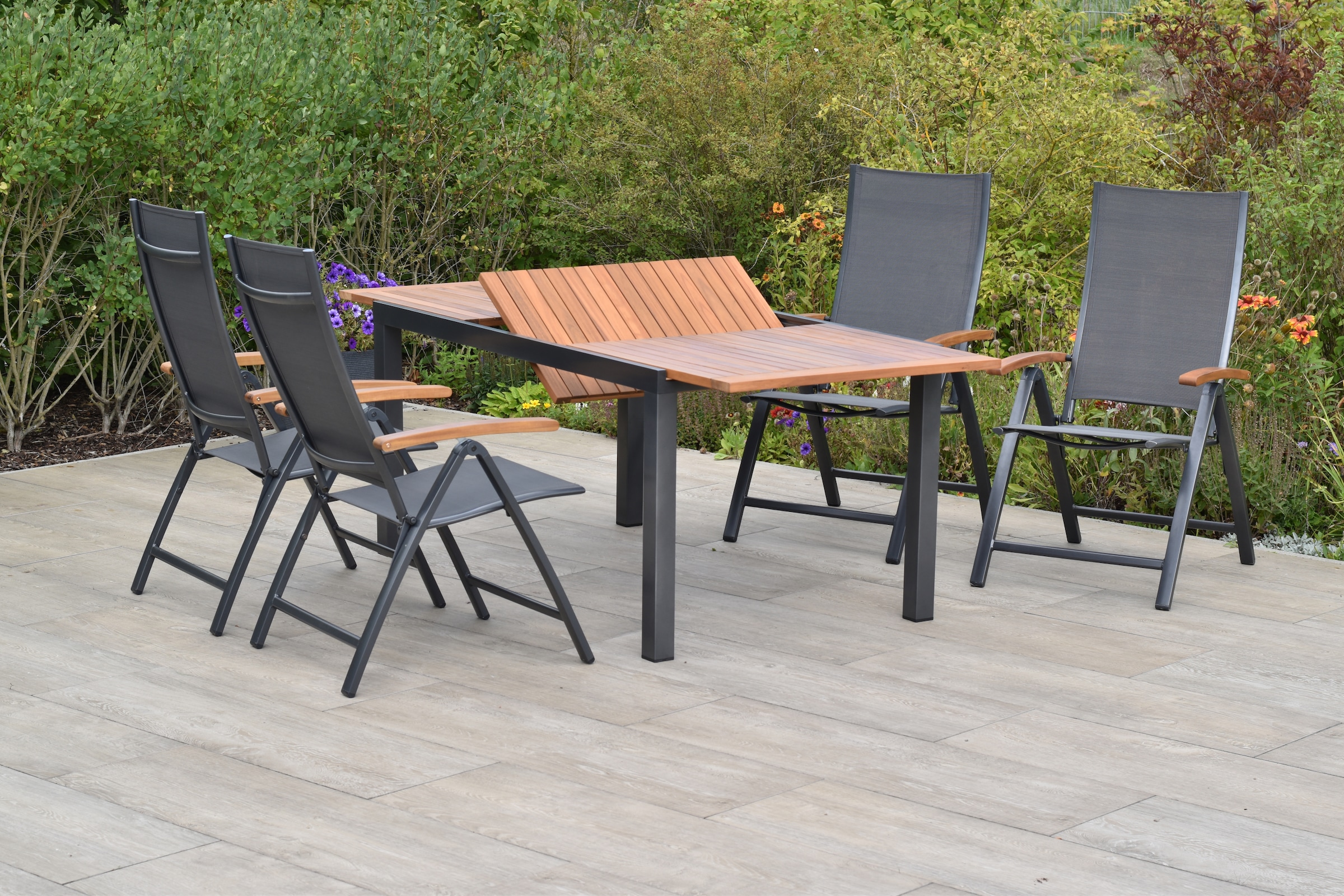 MERXX Garten-Essgruppe »»Toblino«« Set, 5-fach verstellbare Rückenlehne, pulverbeschichtetes Aluminiumgestell, 5 Stk. tlg. Ausziehtisch: LxB: 150-200 x 90 cm