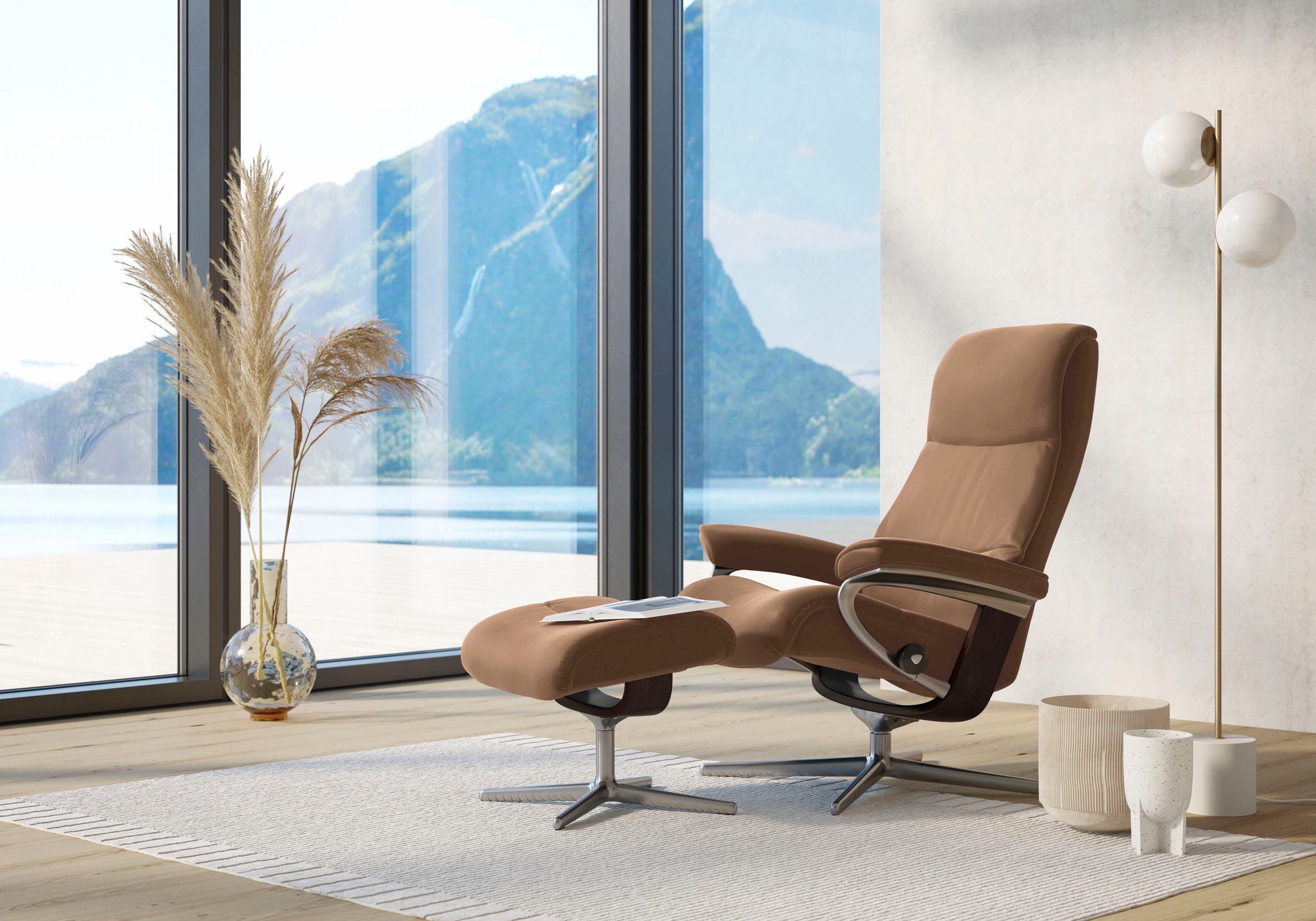 Stressless® Relaxsessel »View« Set, Relaxsessel mit Hocker,  mit Hocker, mit Cross Base, Größe S, M & L, Holzakzent Braun