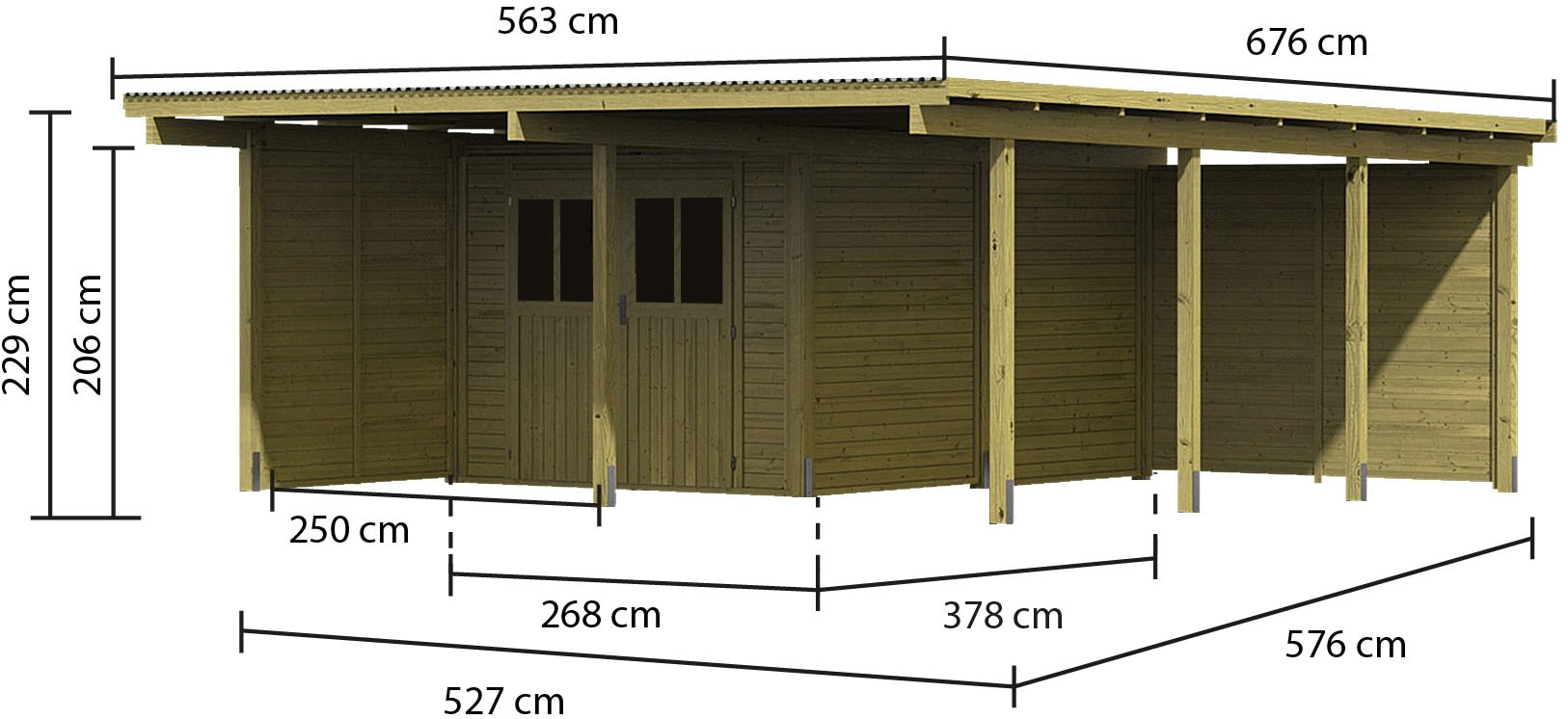 Karibu Doppelcarport »»ECO 2 SET« Variante B, AKTION kdi« Massivholz 509 cm KDI mit integriertem Abstellraum mittel, 1 Seitenwänden und 1 Rückwand