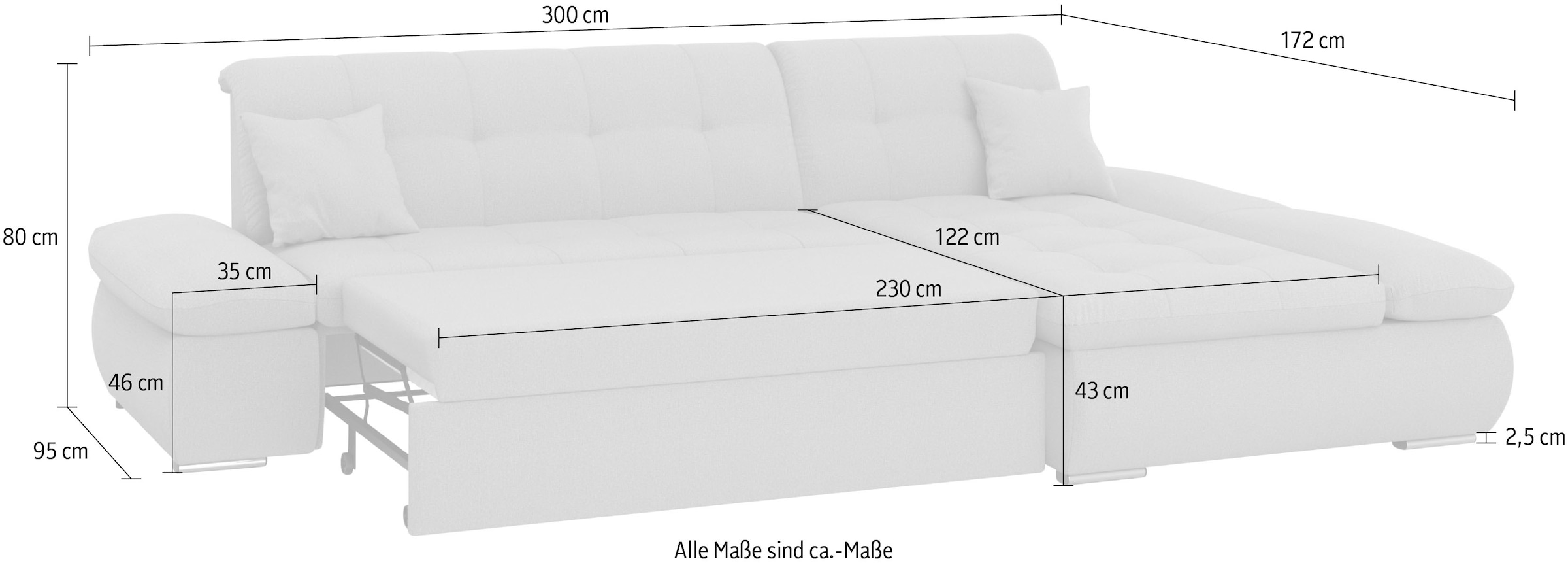 DOMO collection Ecksofa »Moric, L-Form, XXL-Sofa - Breite 300cm«, wahlweise mit Bettfunktion und Armteilverstellung, grau-eisblau