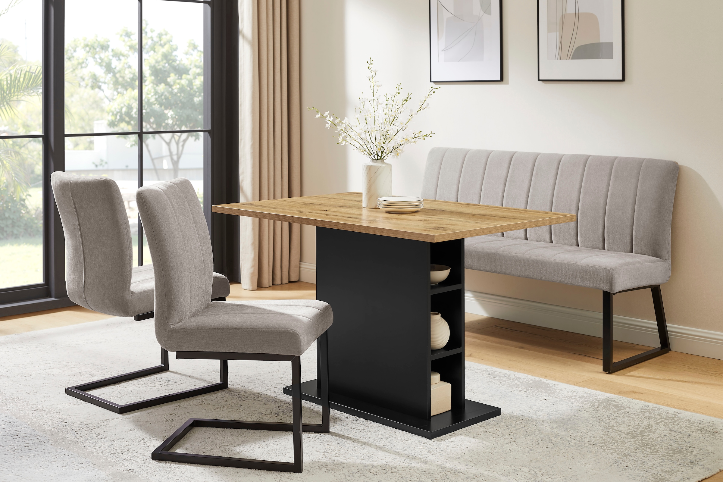 OTTO home Essgruppe »Hennia« Set, 4 tlg. Tischplatte aus Melamin, 2 Freischwinger, Bank, Metallgestell