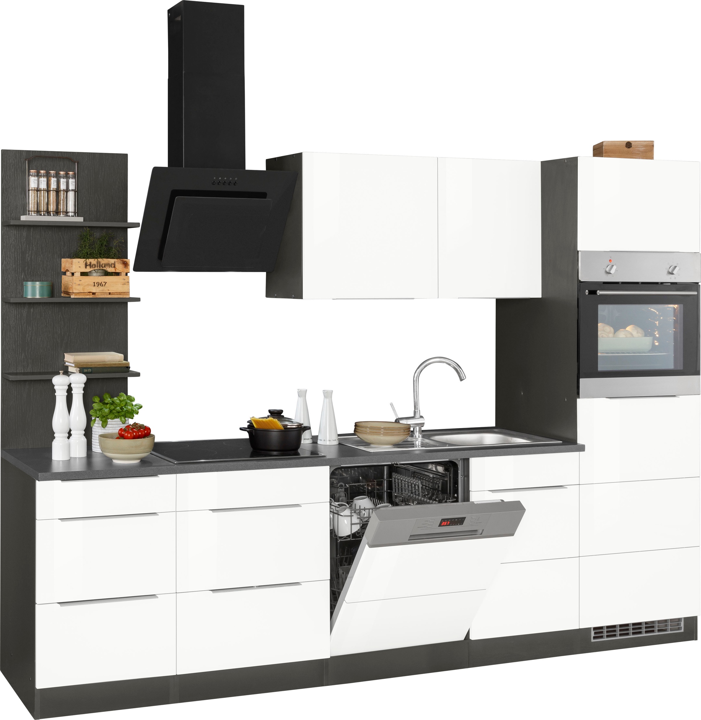 KOCHSTATION Küchenzeile »KS-Brindisi Breite 280 cm« wahlweise mit E-Geräten und Induktion, mit MDF-Fronten und Regal
