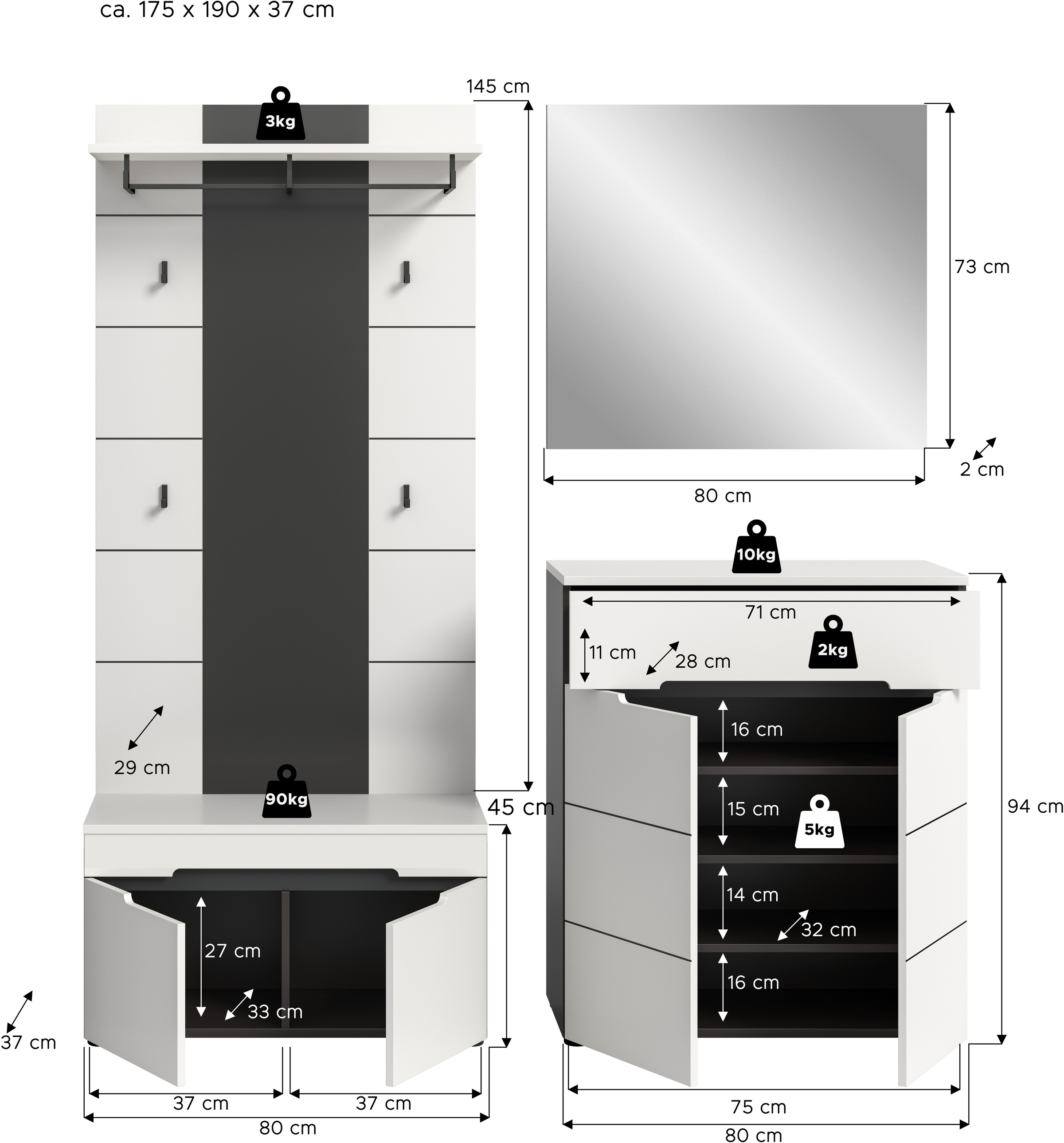 Home affaire Garderoben-Set »REHAT, TOPSELLER!, 4-teilig, Breite 175 cm, individuell erweiterbar« Set, bestehend aus: Sitzbank, Paneel, Spiegel und Kommode, 4 Stk. tlg.