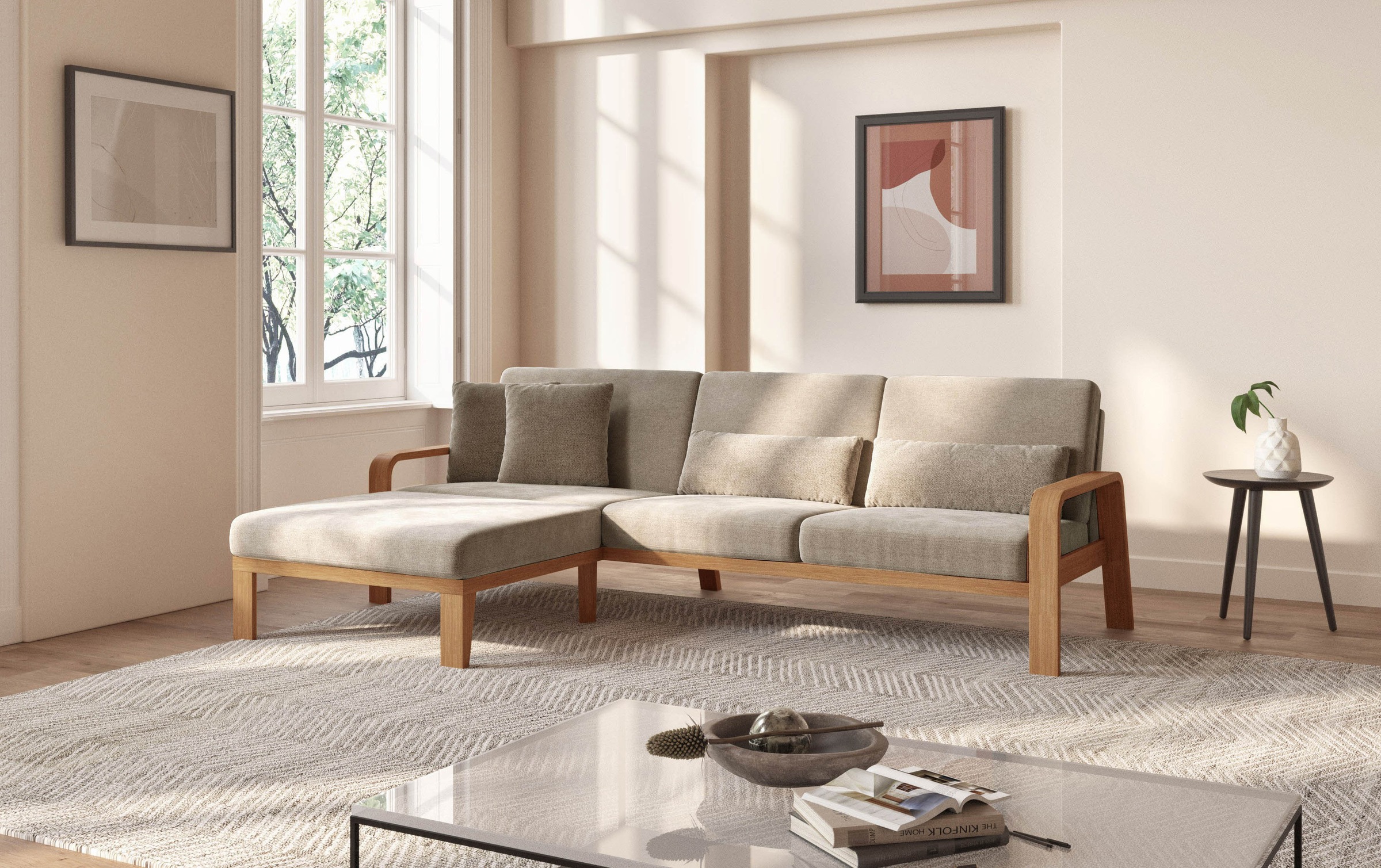 sit&more Ecksofa »Kolding L-Form«, Armlehnen aus eichefarbigem Buchenholz, verschiedene Bezüge und Farben