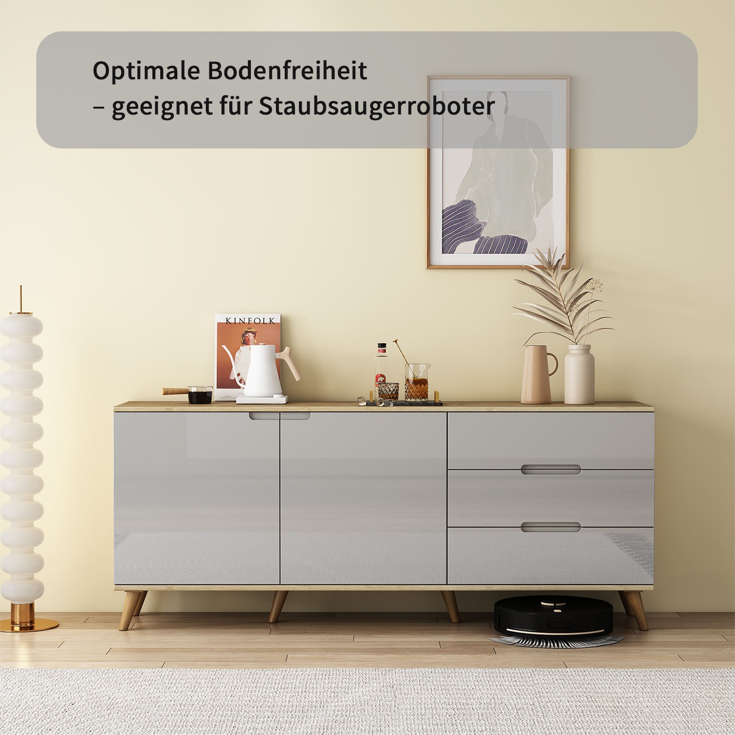 OTTO home Sideboard »Lund« mit glänzenden Fronten, Griffmulden, helles Holzdekor, Breite 180 cm