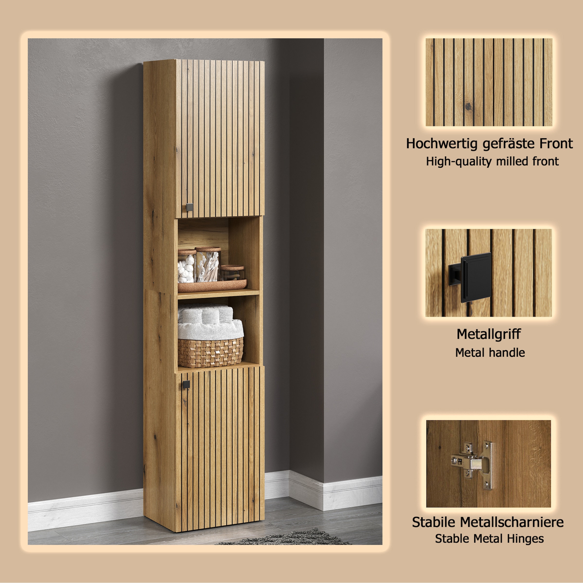 welltime Hochschrank »Amrum« 1 Stk. tlg. Badezimmerschrank mit und ohne Schublade - (B/T/H) 40-70/31/186 cm