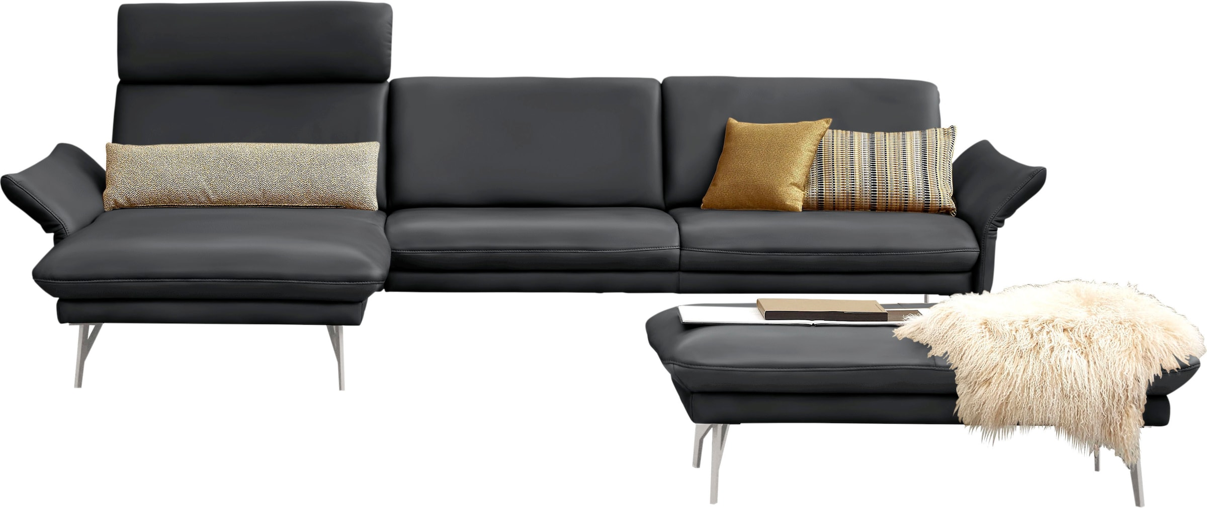 Ecksofa »1928«, (Sofa mit oder ohne Hocker auswählen!), mit Hocker, Füße Edelstahloptik