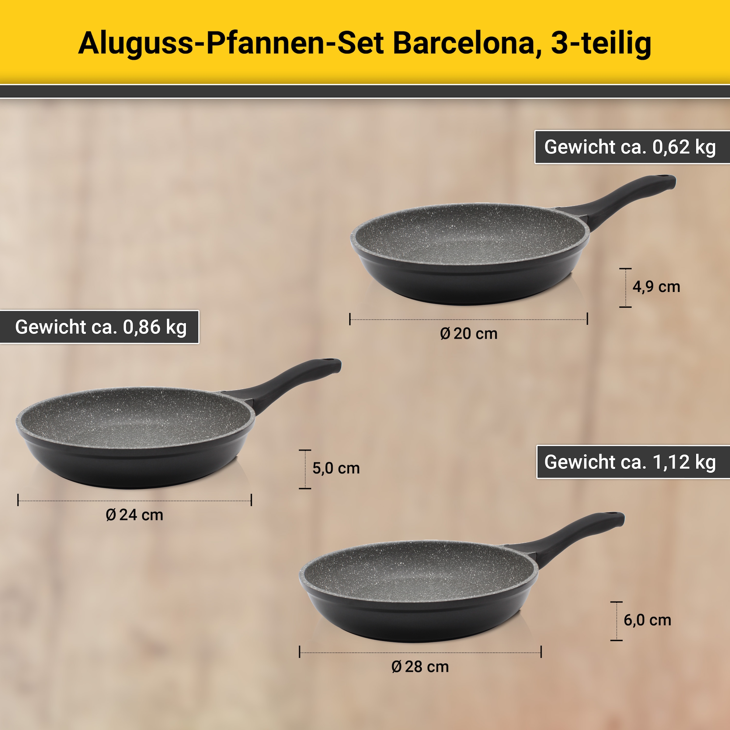 Krüger Pfannen-Set »Barcelona« Aluminiumguss Set, 3 Stk. tlg. Ø 20/24/28 cm, Induktion