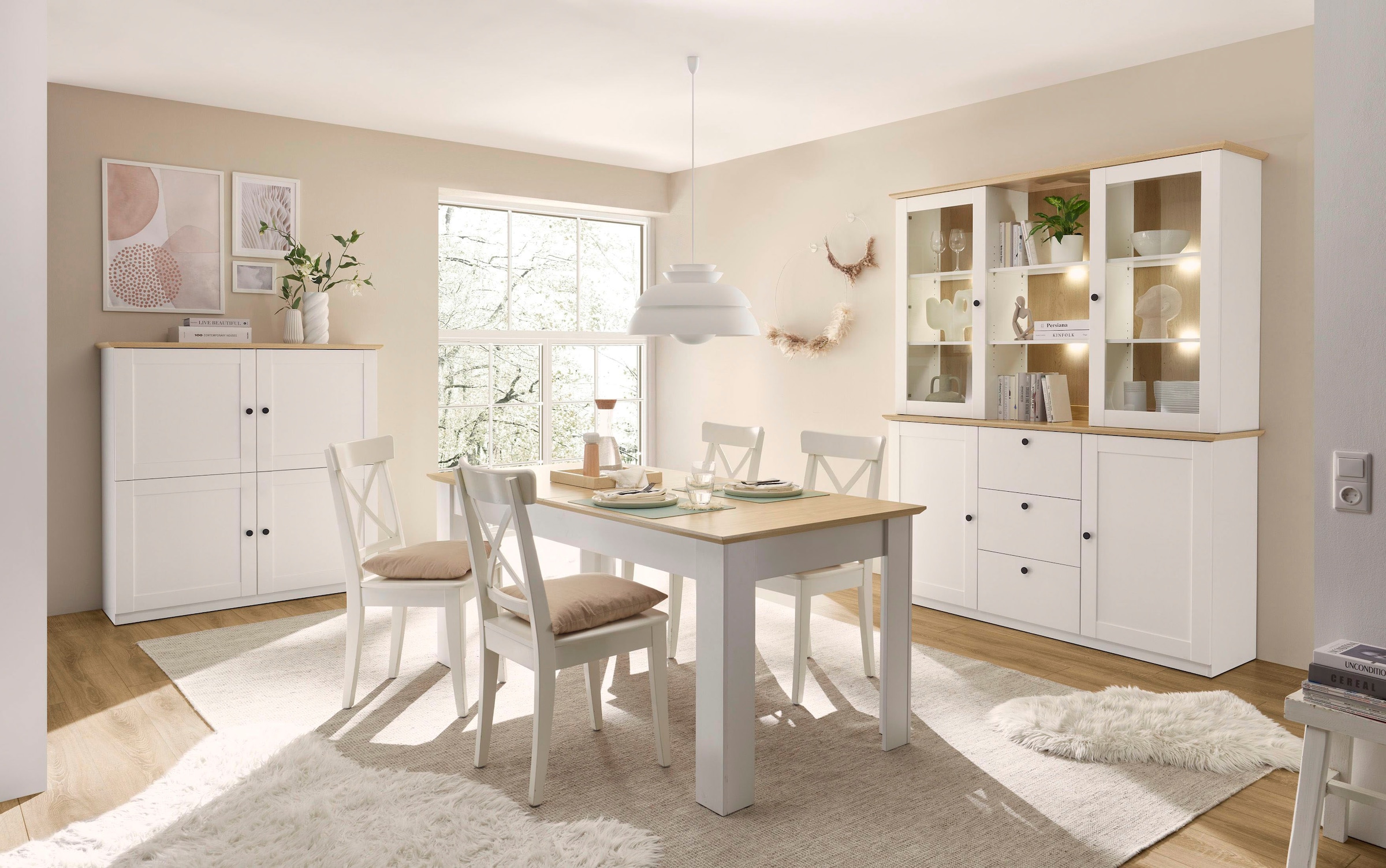 OTTO home Buffet »Brest, Hochschrank im Landhausstil, Schrank, Küchenschrank« schwarze Metallgriffe, viel Stauraum, Glastüren, 164 cm breit