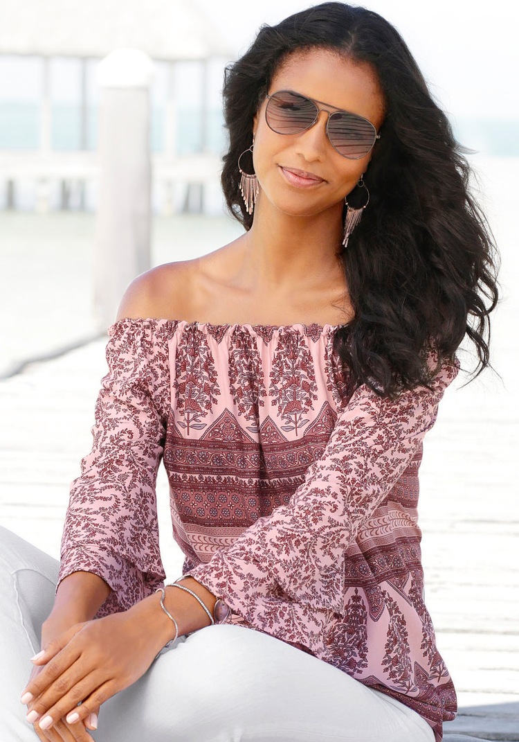 Carmenbluse, mit Alloverdruck, Damenbluse, Tunika, schulterfrei