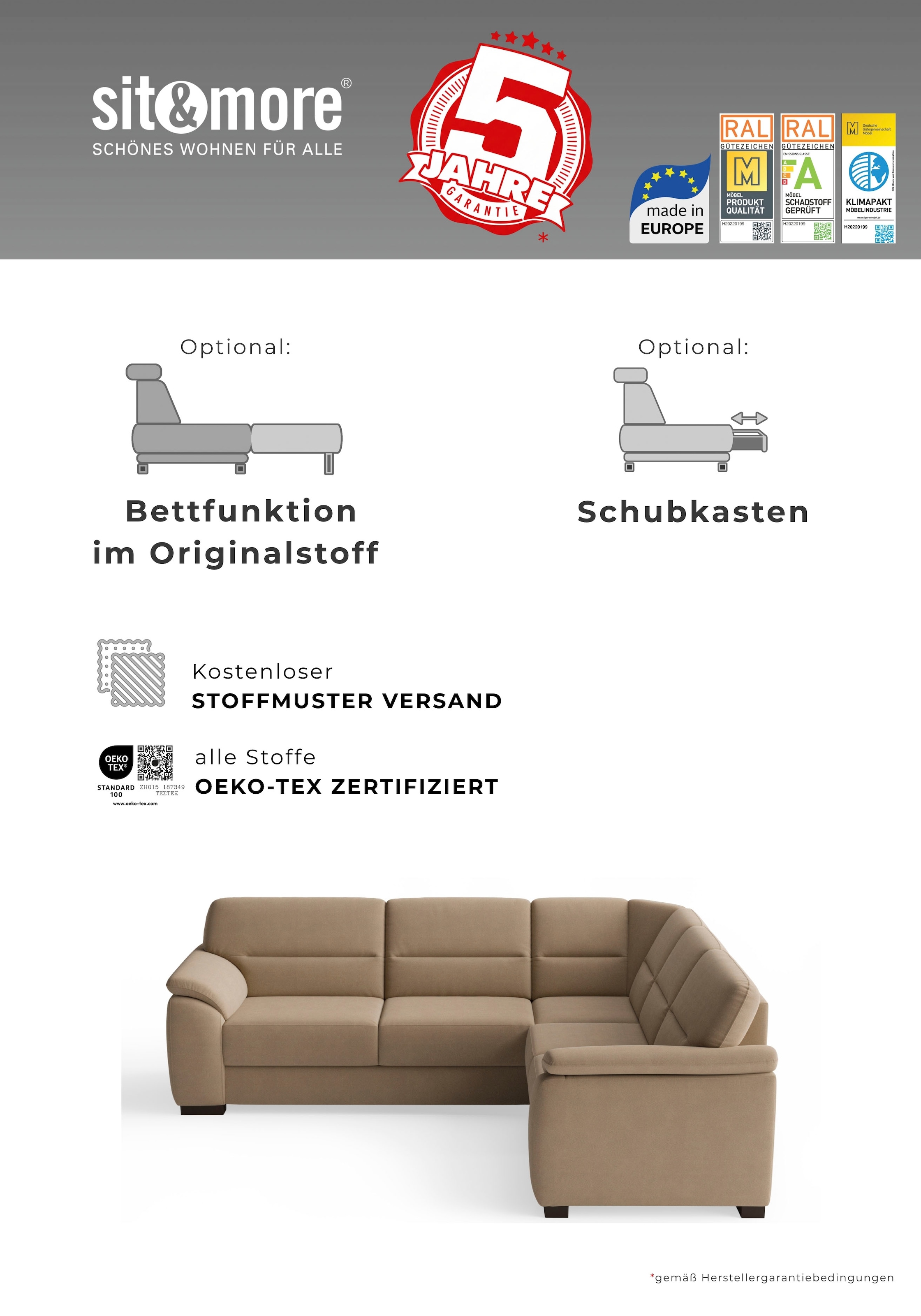sit&more Ecksofa »Montego L-Form, B: 256 cm, große Stoffauswahl, Komfortsitzhöhe 46 cm« optional Schlaffunktion und Schubkasten mit Stauraum
